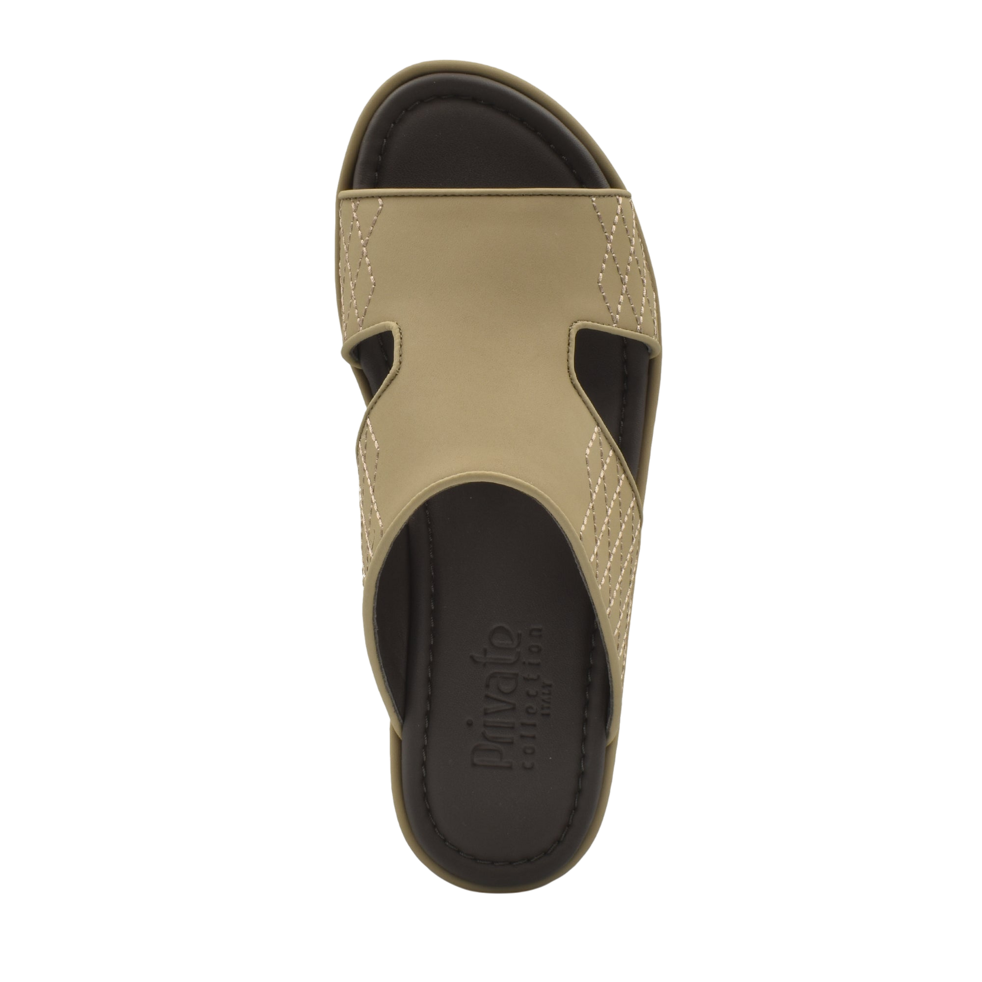 Top view of beige luxury arca sandals with black cushioned sole from Private Collection