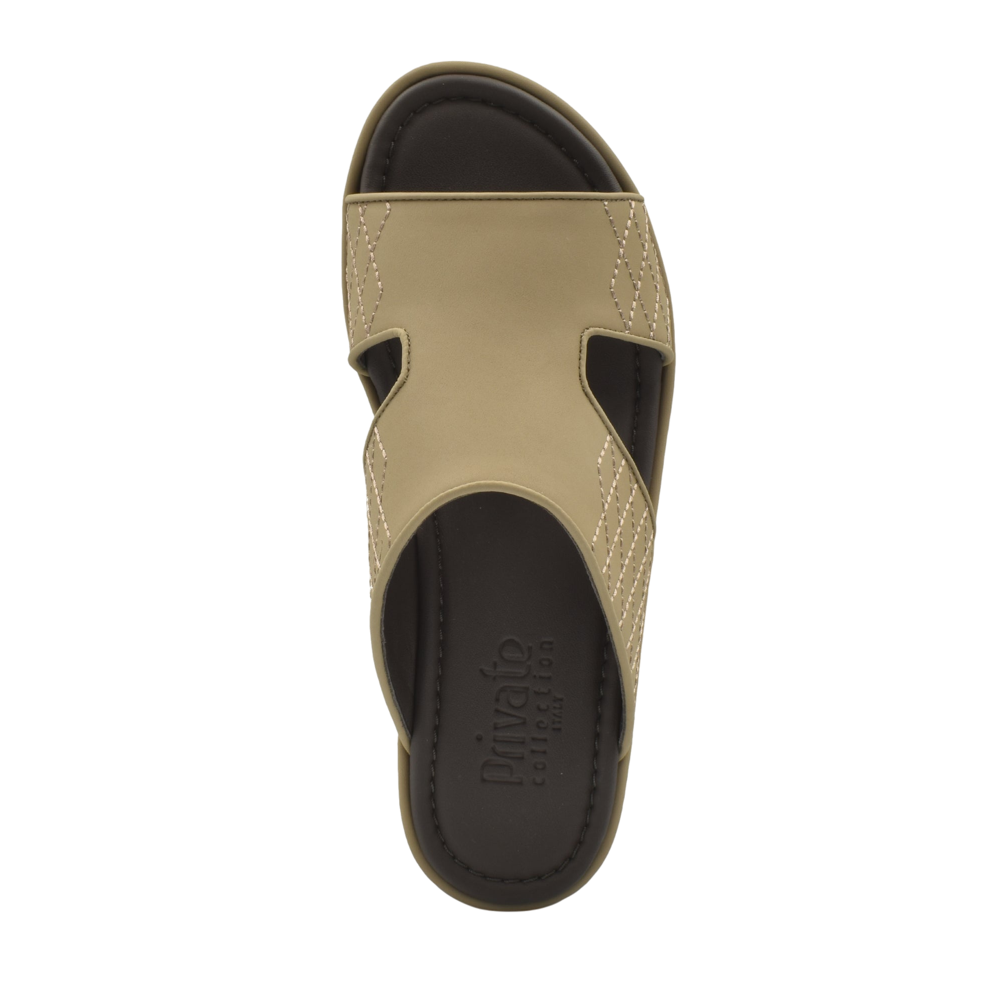 Top view of beige luxury arca sandals with black cushioned sole from Private Collection