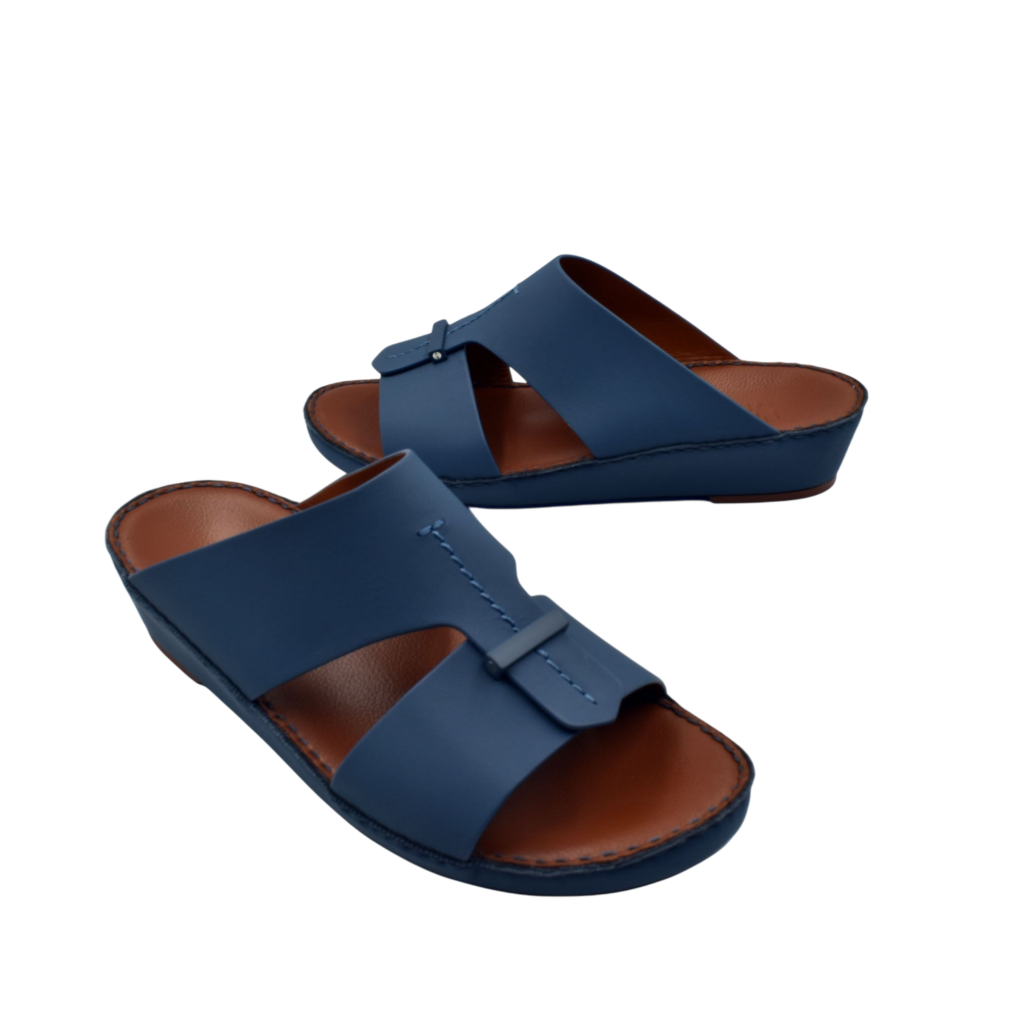 Private Collection navy blue luxury comfort sandals with leather straps and cushioned brown footbed