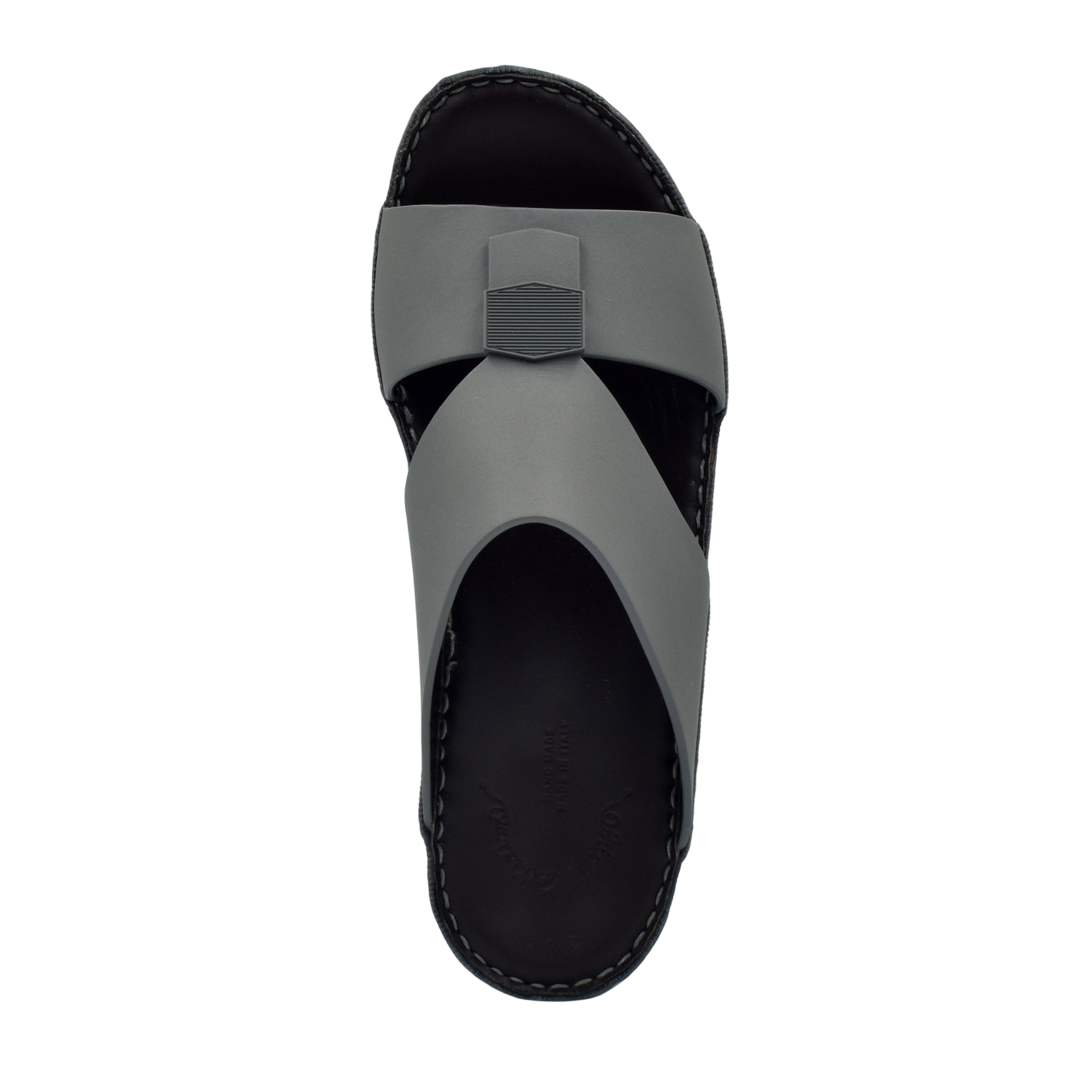 Top view of gray Esagono Gomato shoes sandal with black sole and hexagonal design detail