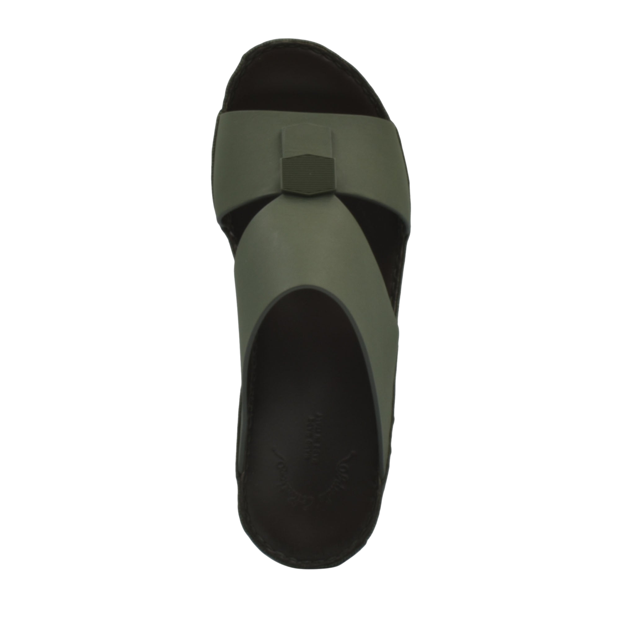 Top view of olive green Esagono Gomato shoes slide sandal with black sole from Private Collection