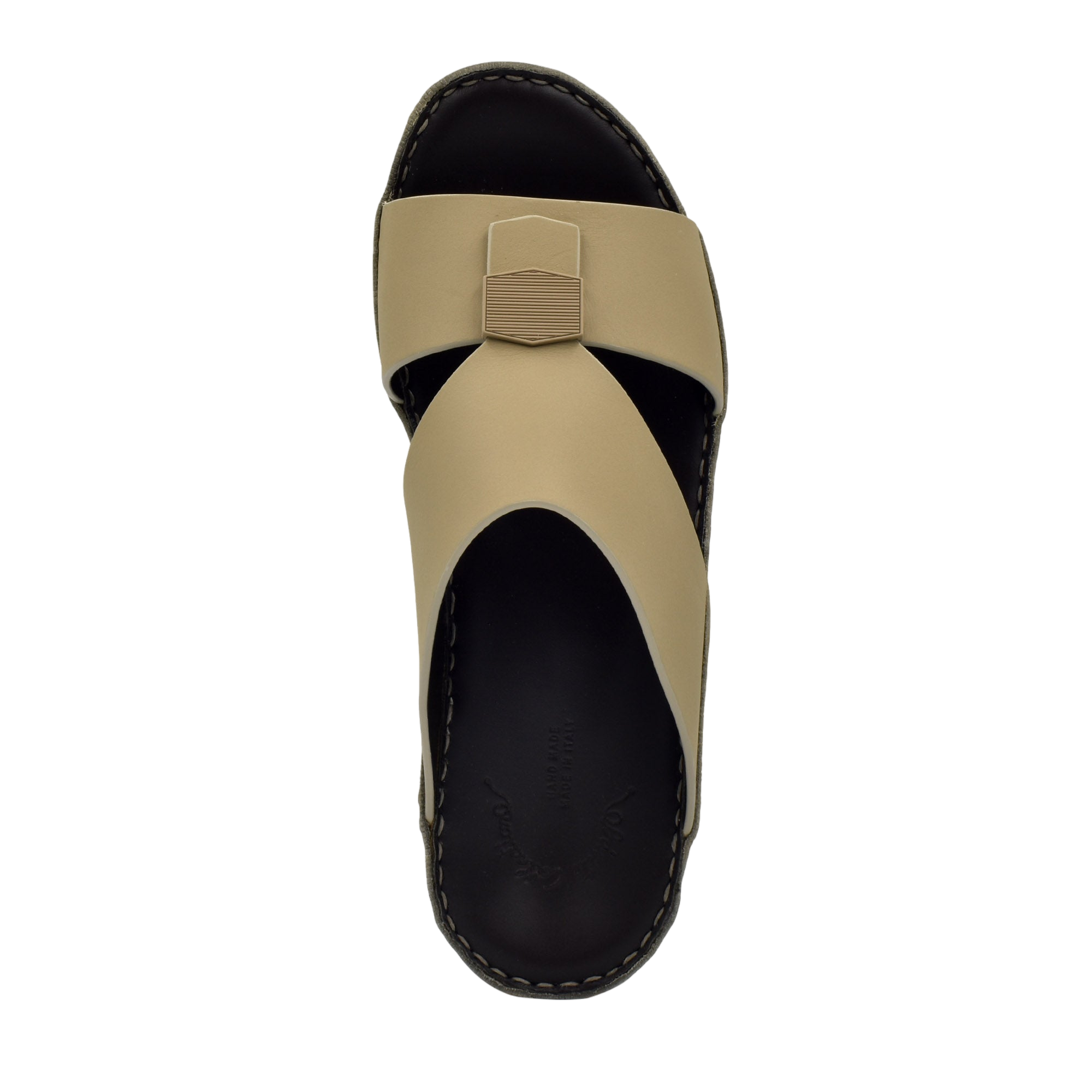 Top view of beige Esagono Gomato shoes with black sole and unique cross strap design