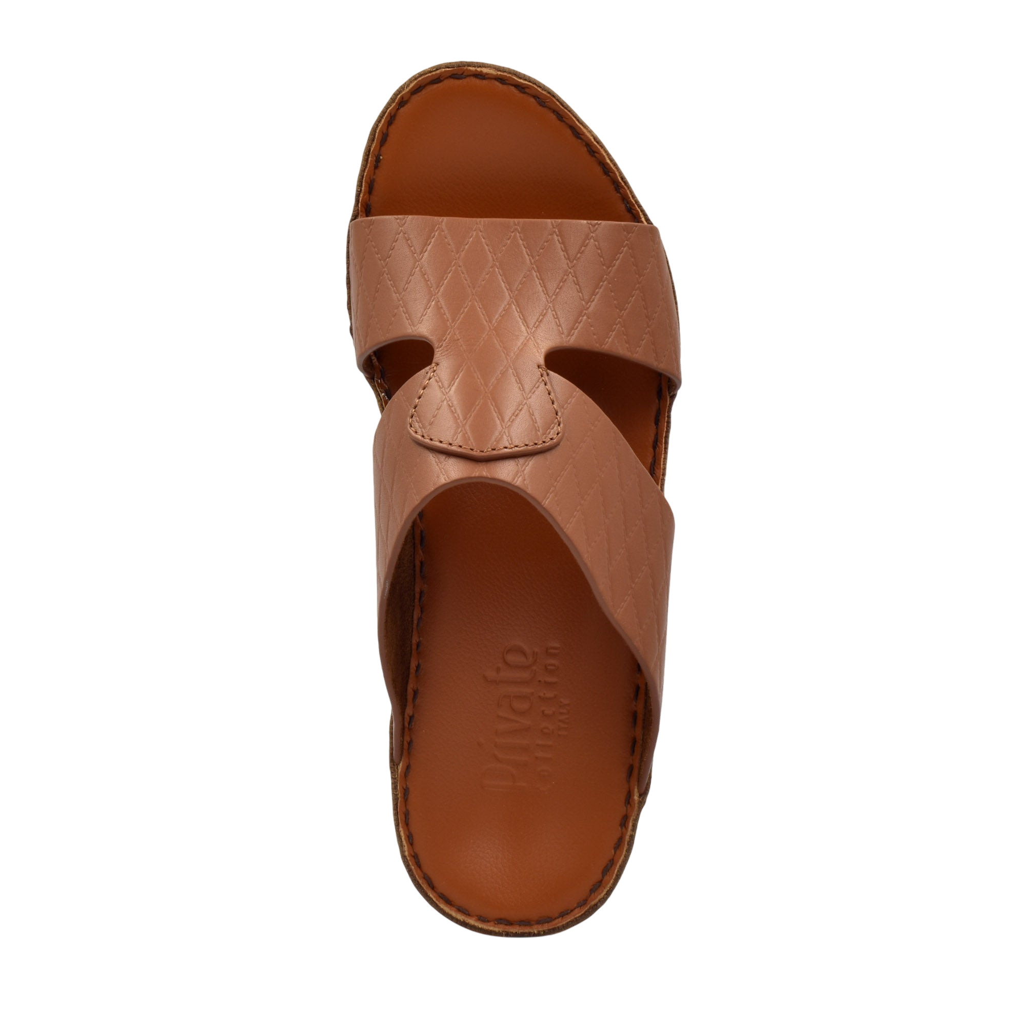 Top view of a brown handcrafted Italian sandals with textured leather straps and stitched sole