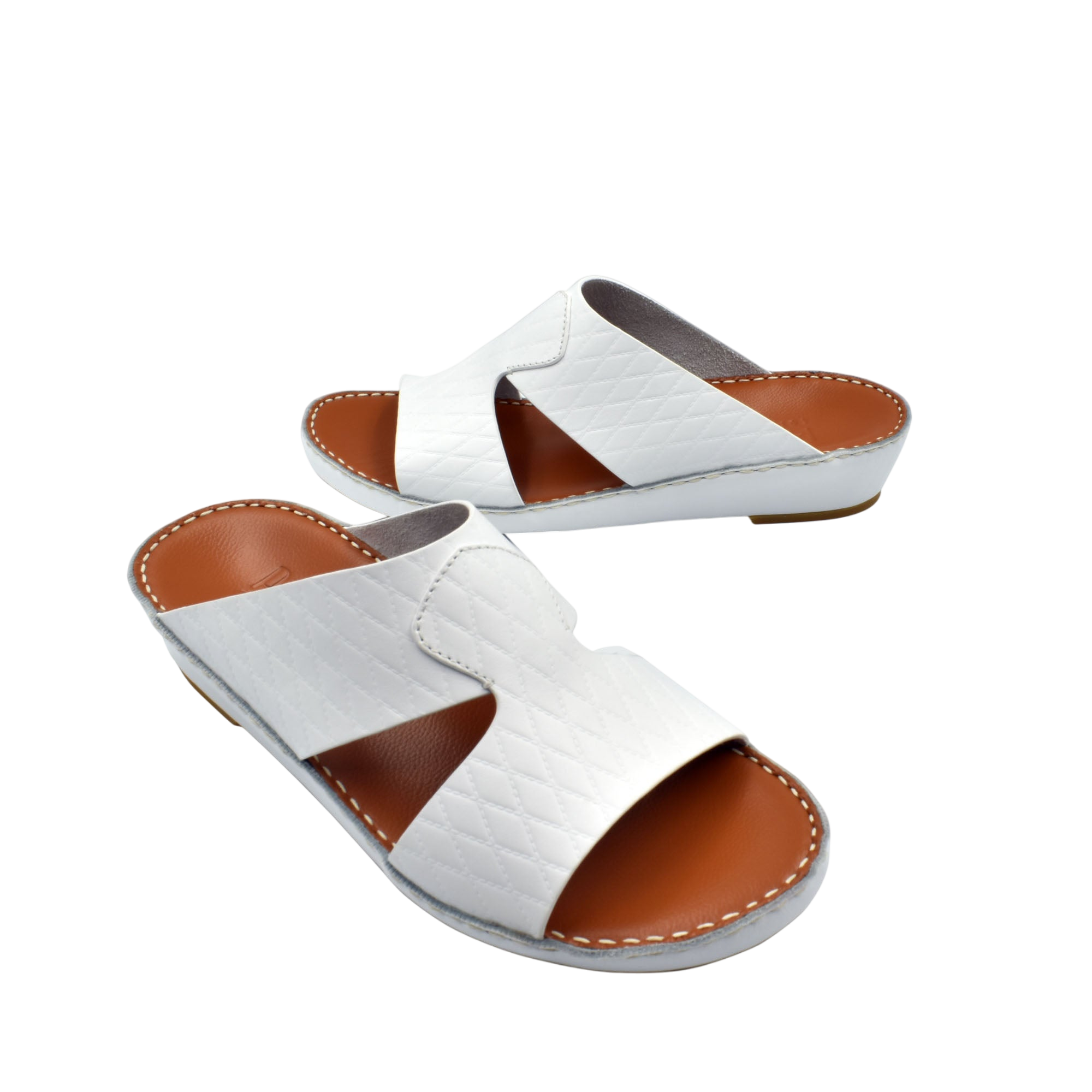 White handcrafted Italian sandals with brown cushioned sole and stitched details from Private Collection