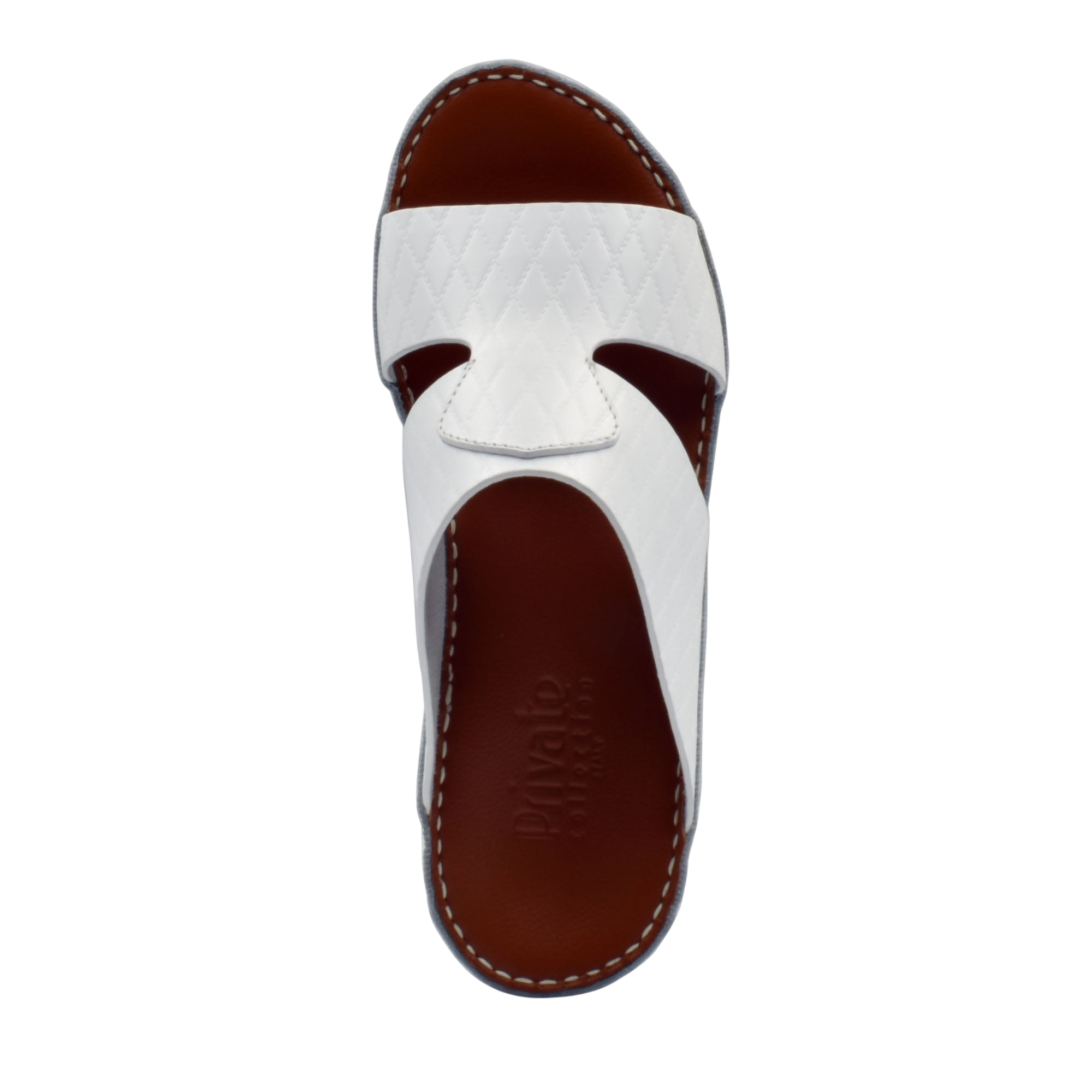 White handcrafted Italian sandals with quilted leather straps and brown footbed by Private Collection