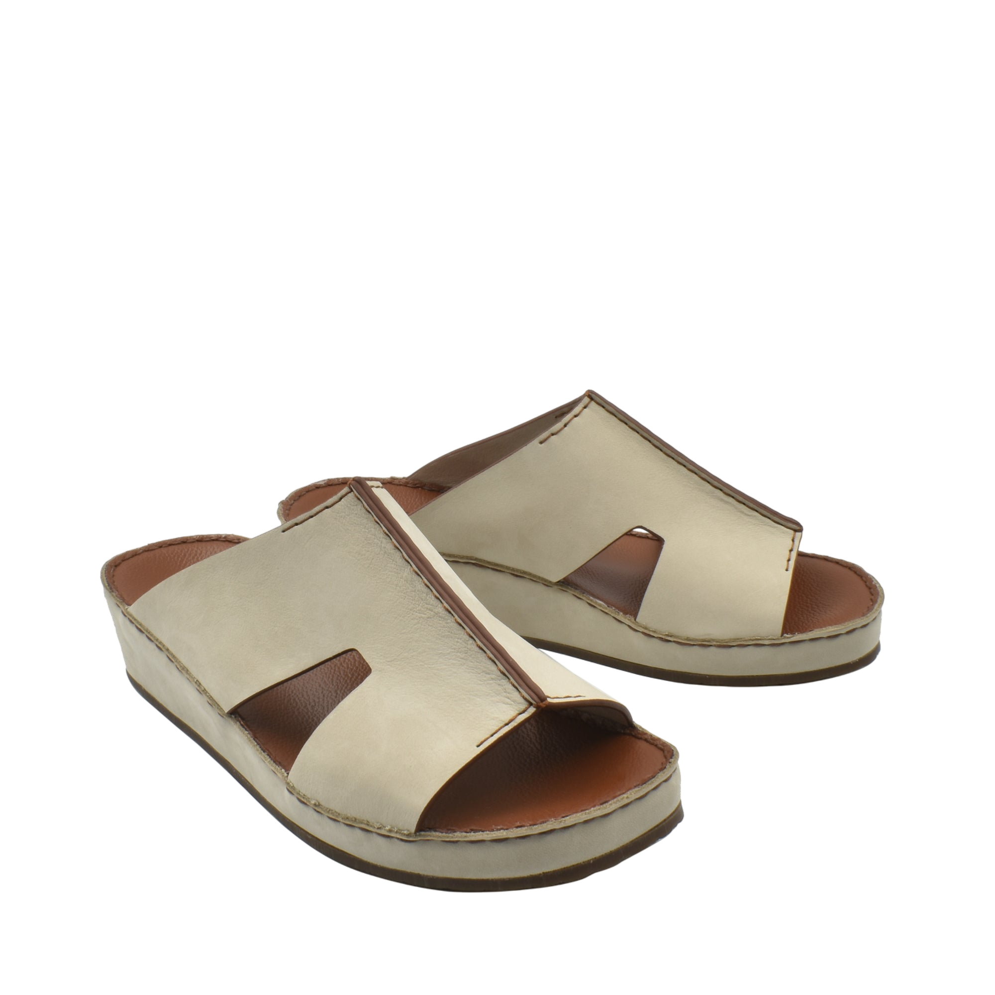 Beige handcrafted leather shoes slide sandals with open toe and cutout design for comfort