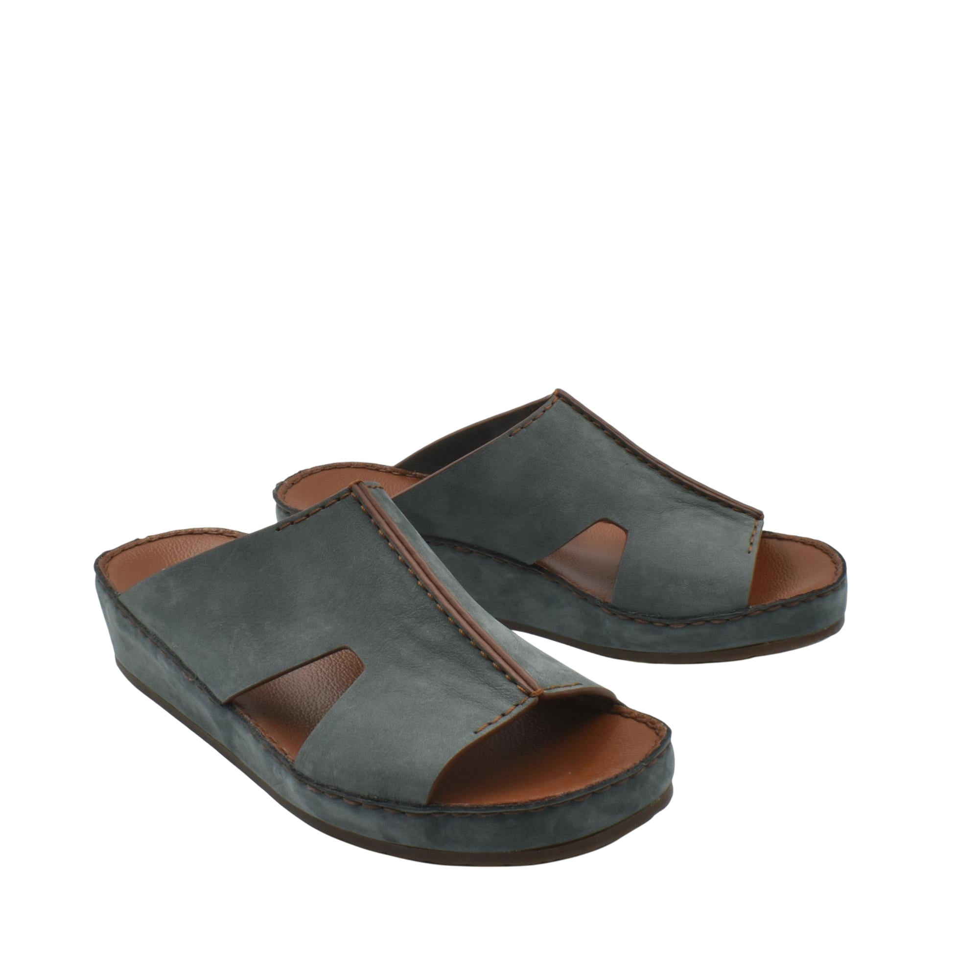 Handcrafted leather shoes in dark gray open-toe slip-on sandal style with cushioned sole