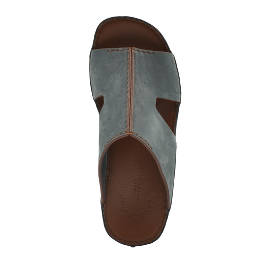 Top view of handcrafted leather shoes in brown and gray with open toe design