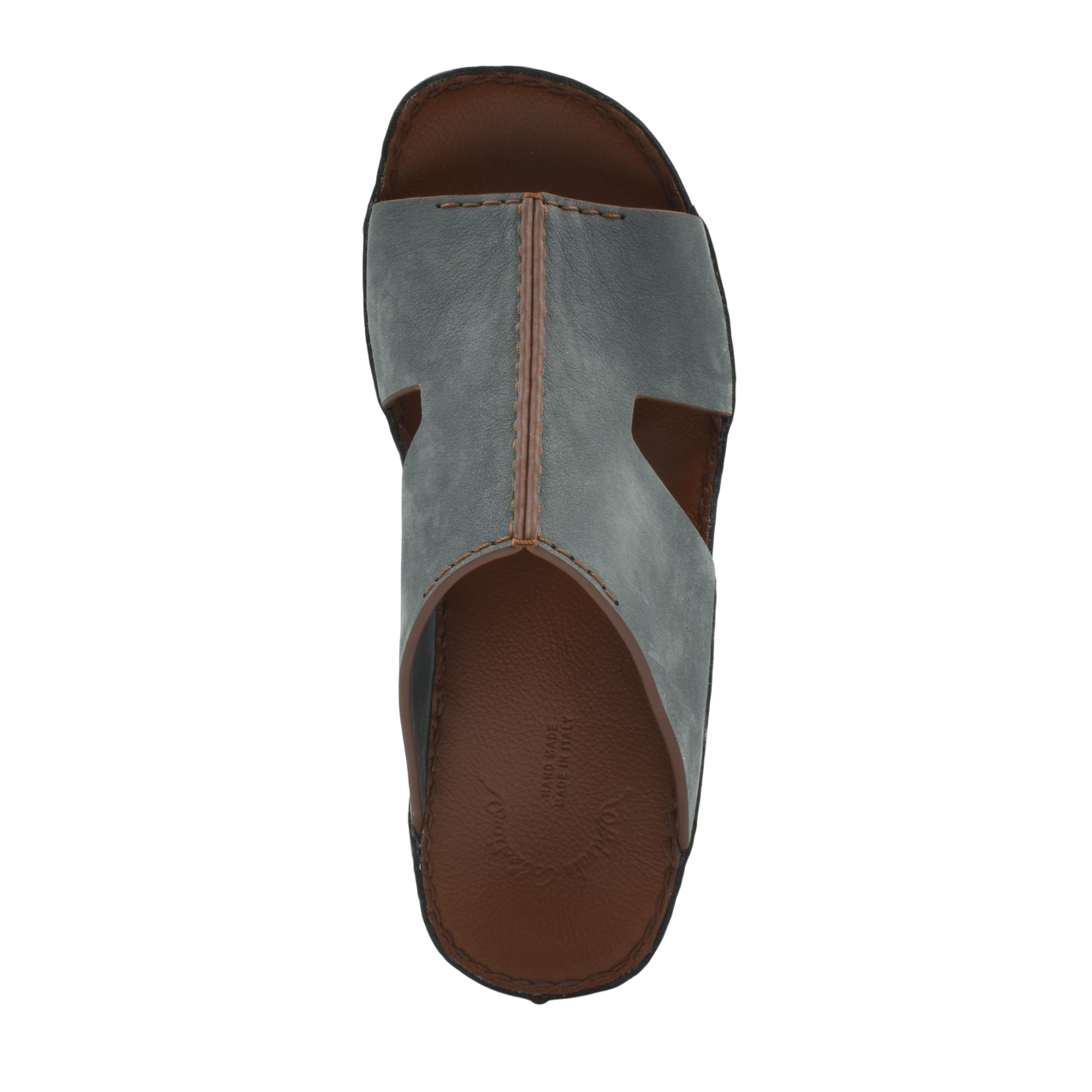 Top view of handcrafted leather shoes in brown and gray with open toe design