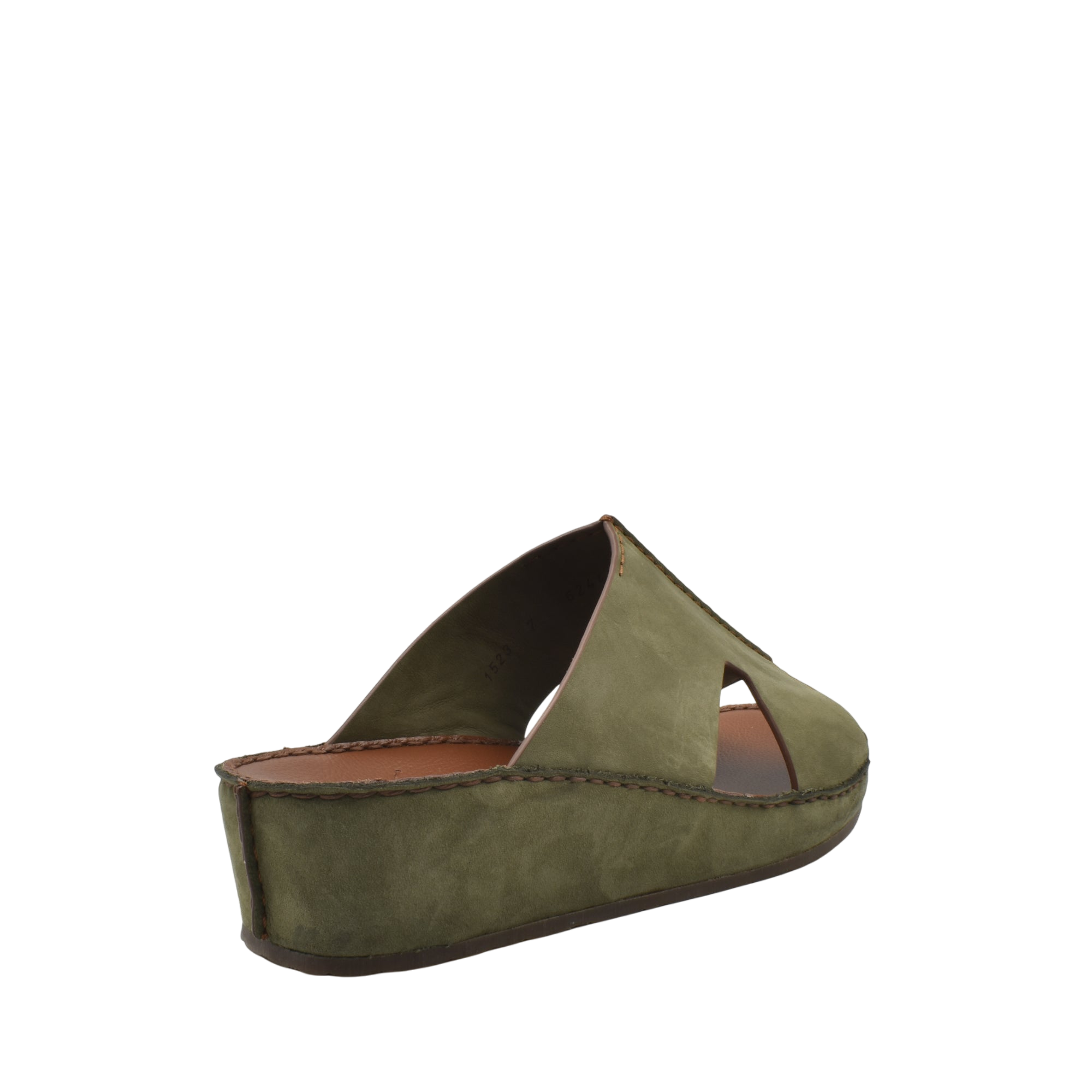 Green open-toe handcrafted leather shoes with wedge sole and cutout design