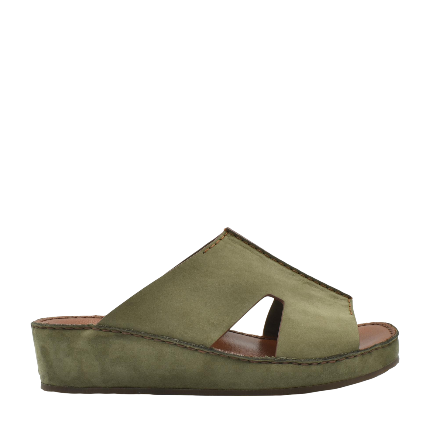Green slip-on handcrafted leather shoes with open toe and wedge sole from Private Collection