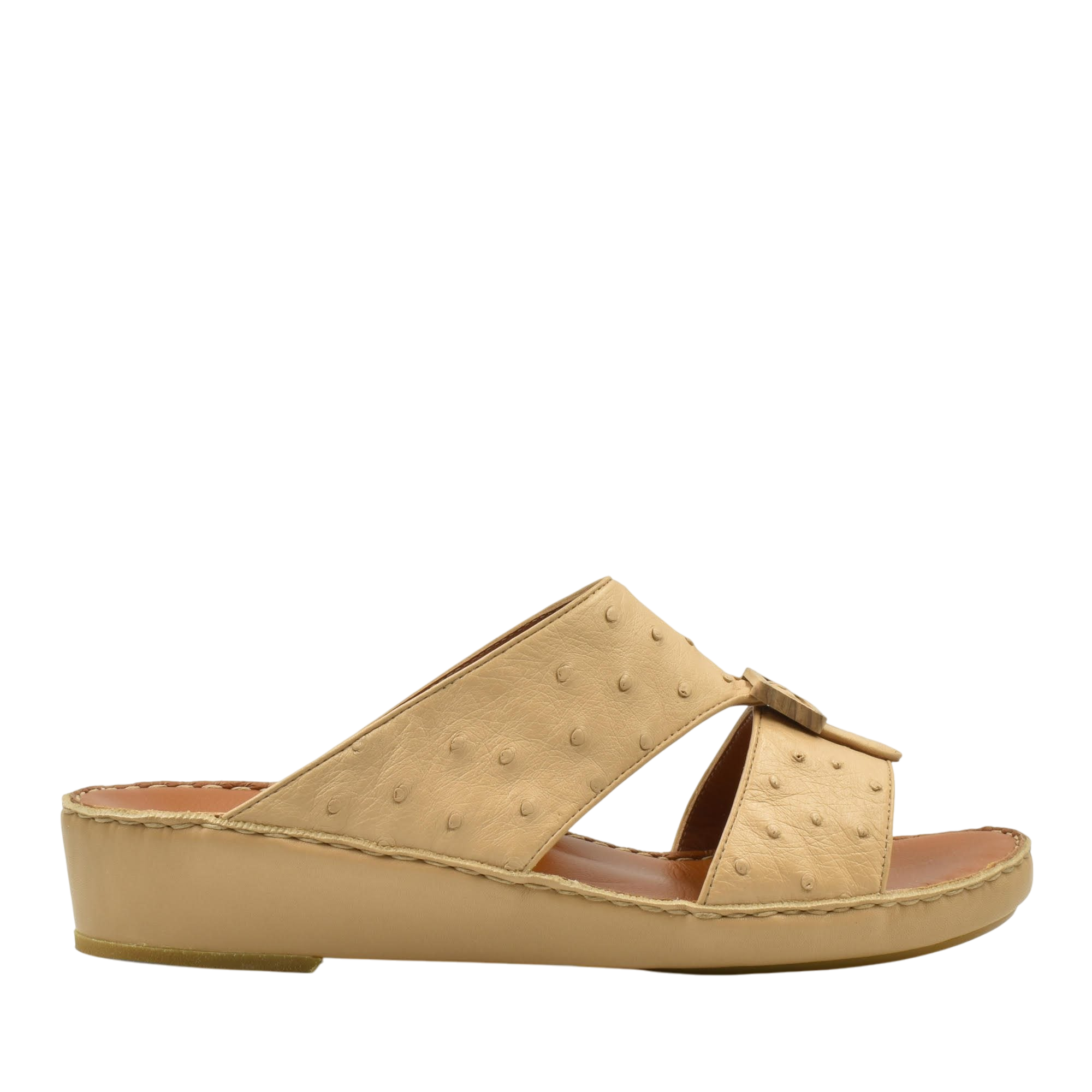 Handcrafted olive sandals with textured straps and cushioned sole in beige tone