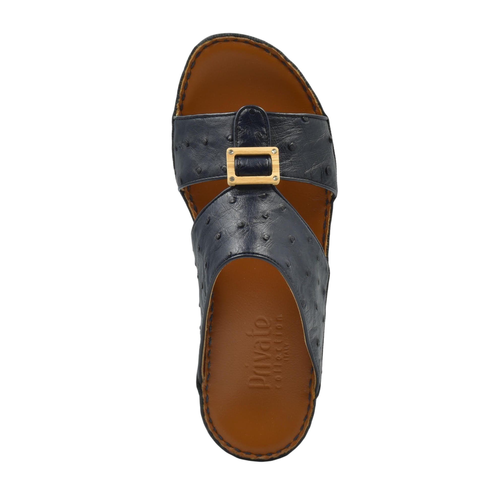 Handcrafted olive sandals in black leather with buckle detail and brown cushioned sole