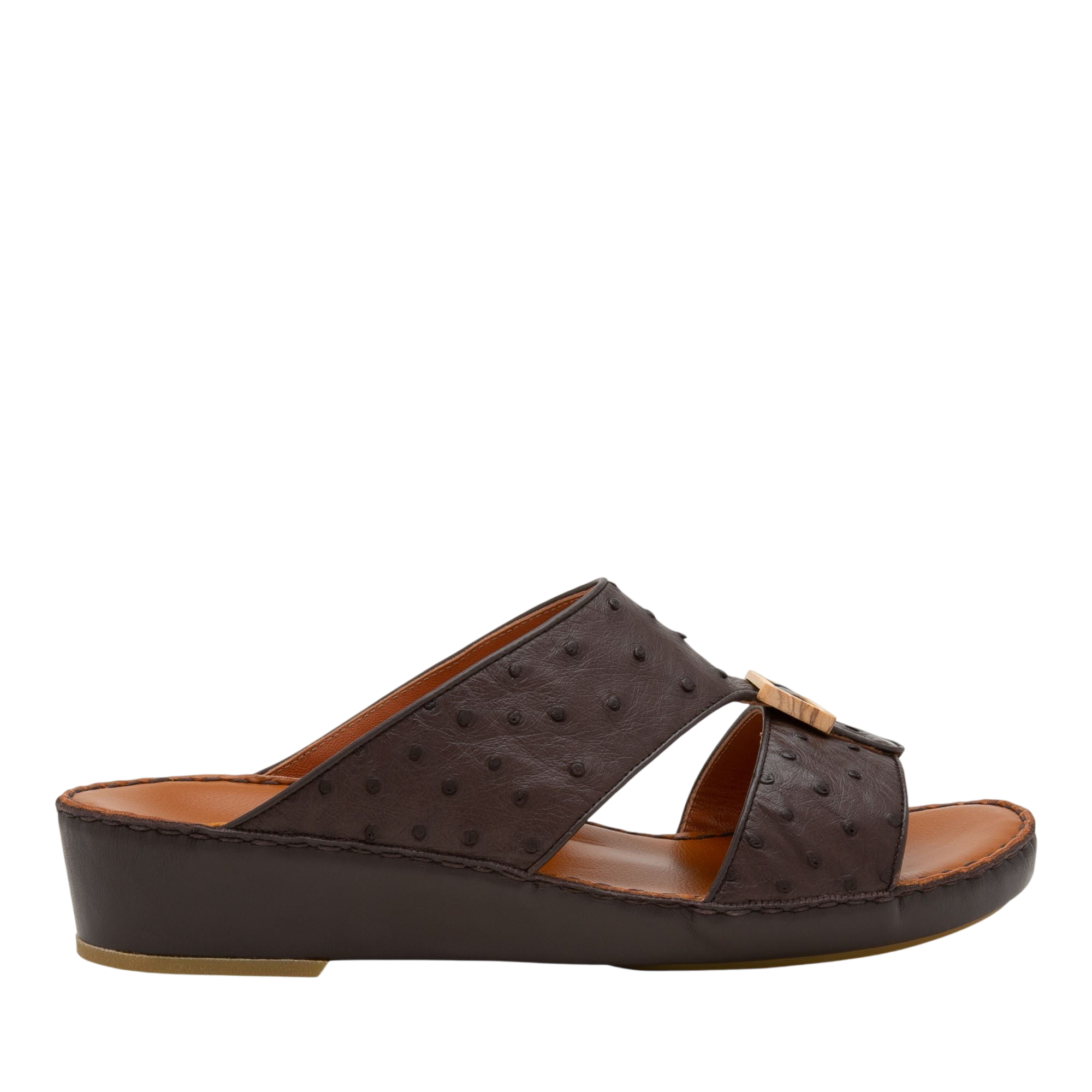 Handcrafted olive sandals with dark brown leather straps and comfortable wedge sole