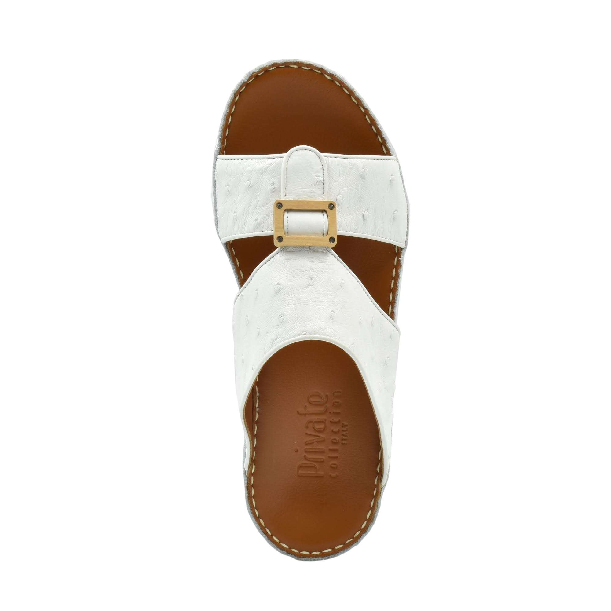 Top view of handcrafted olive sandals with white straps and brown sole by Private Collection