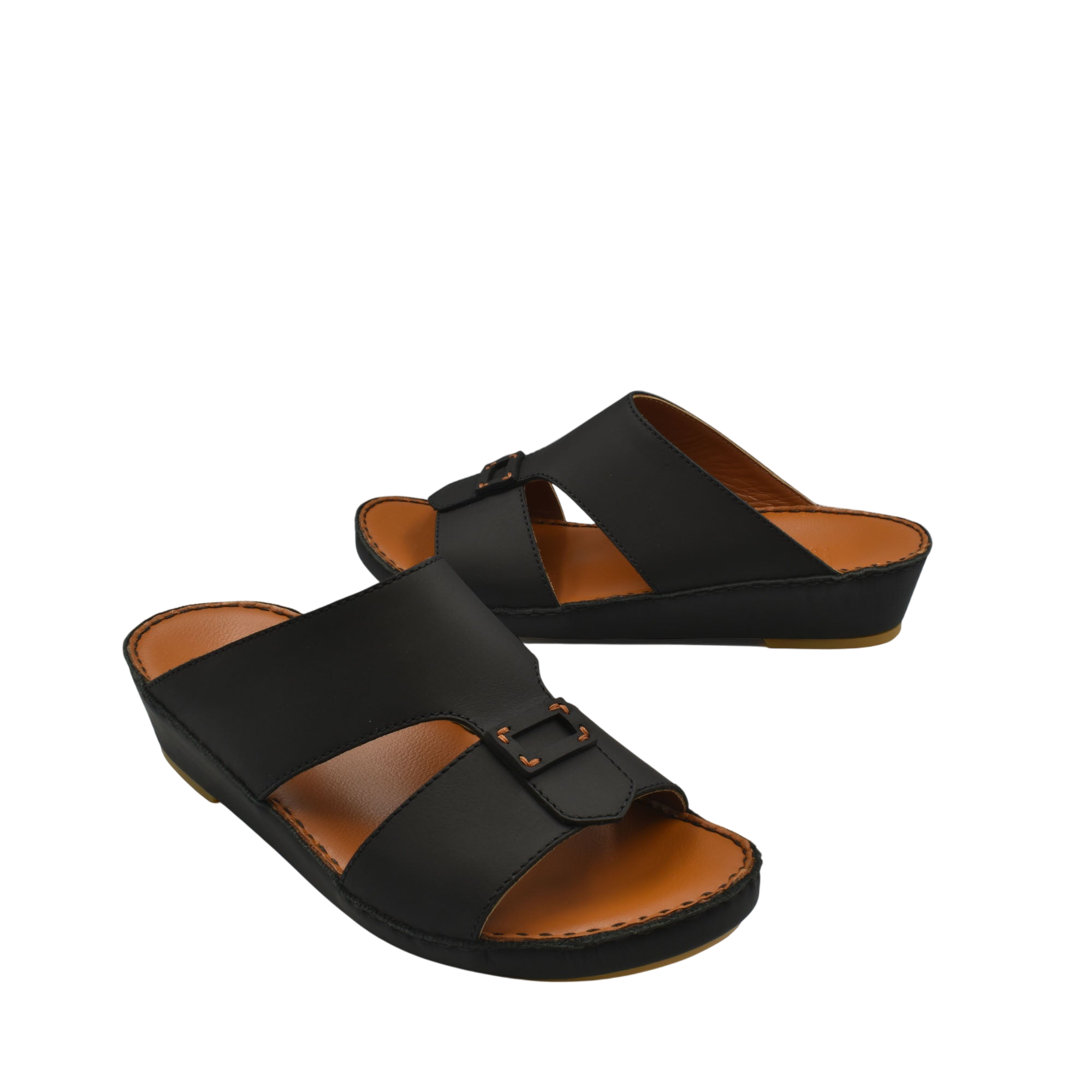 Black slip-on Italian leather sandals with adjustable buckle and cushioned sole for comfort