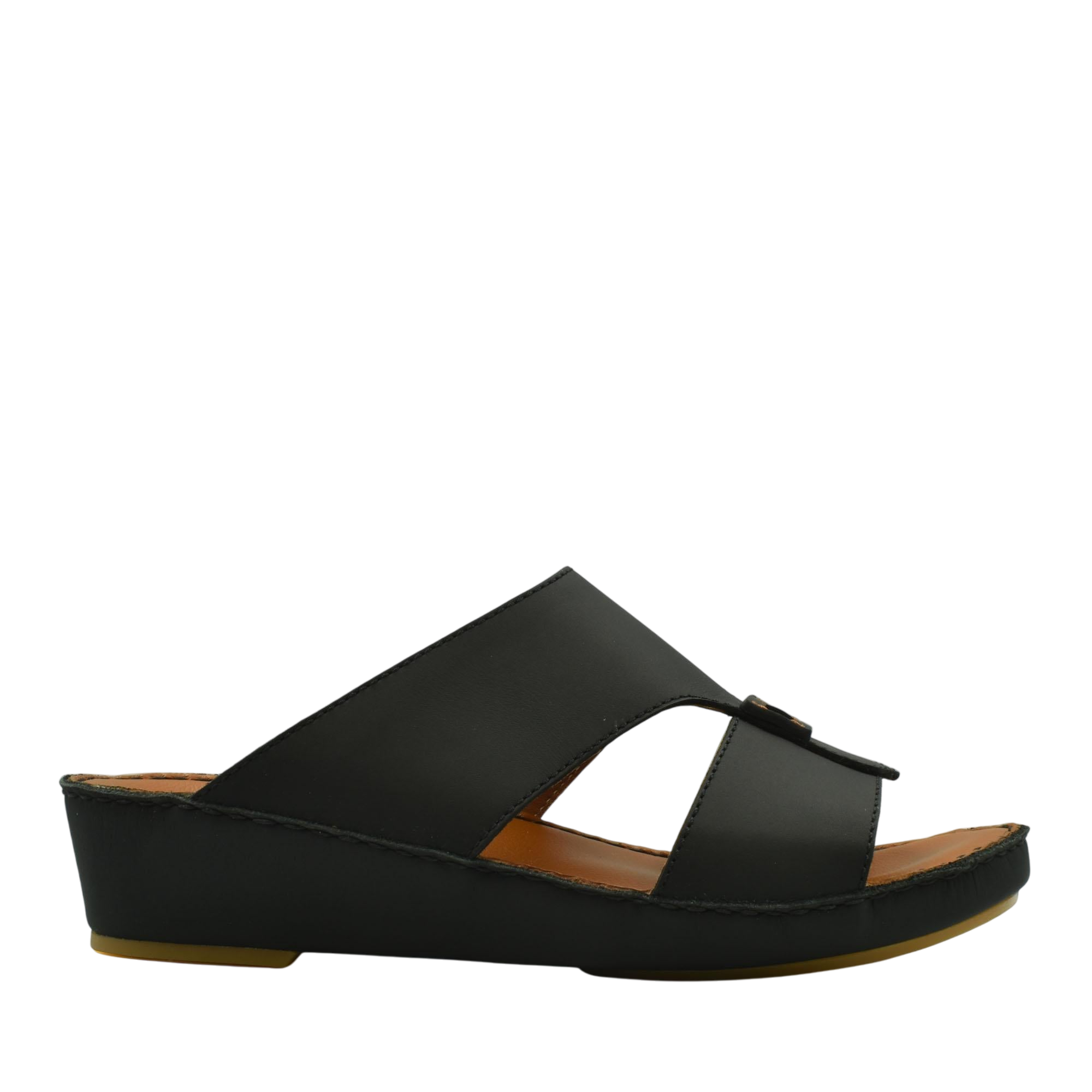 Black Italian leather sandals with a wedge heel and open toe slide design for comfortable wear