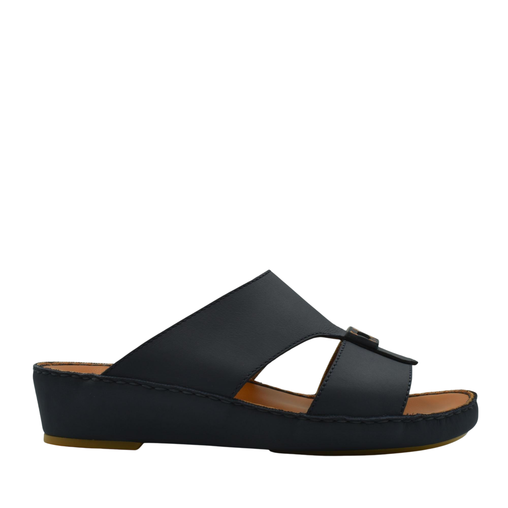 Black Italian leather sandals with open toe and low wedge heel from private collection