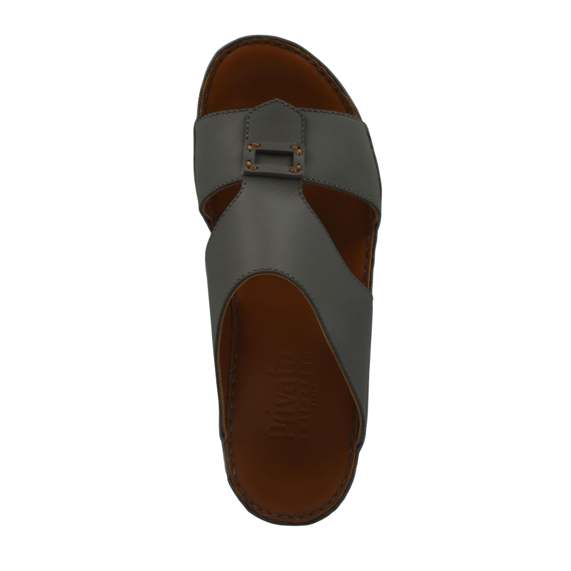 Top view of gray Italian leather sandals with buckle detail and brown insole from private collection