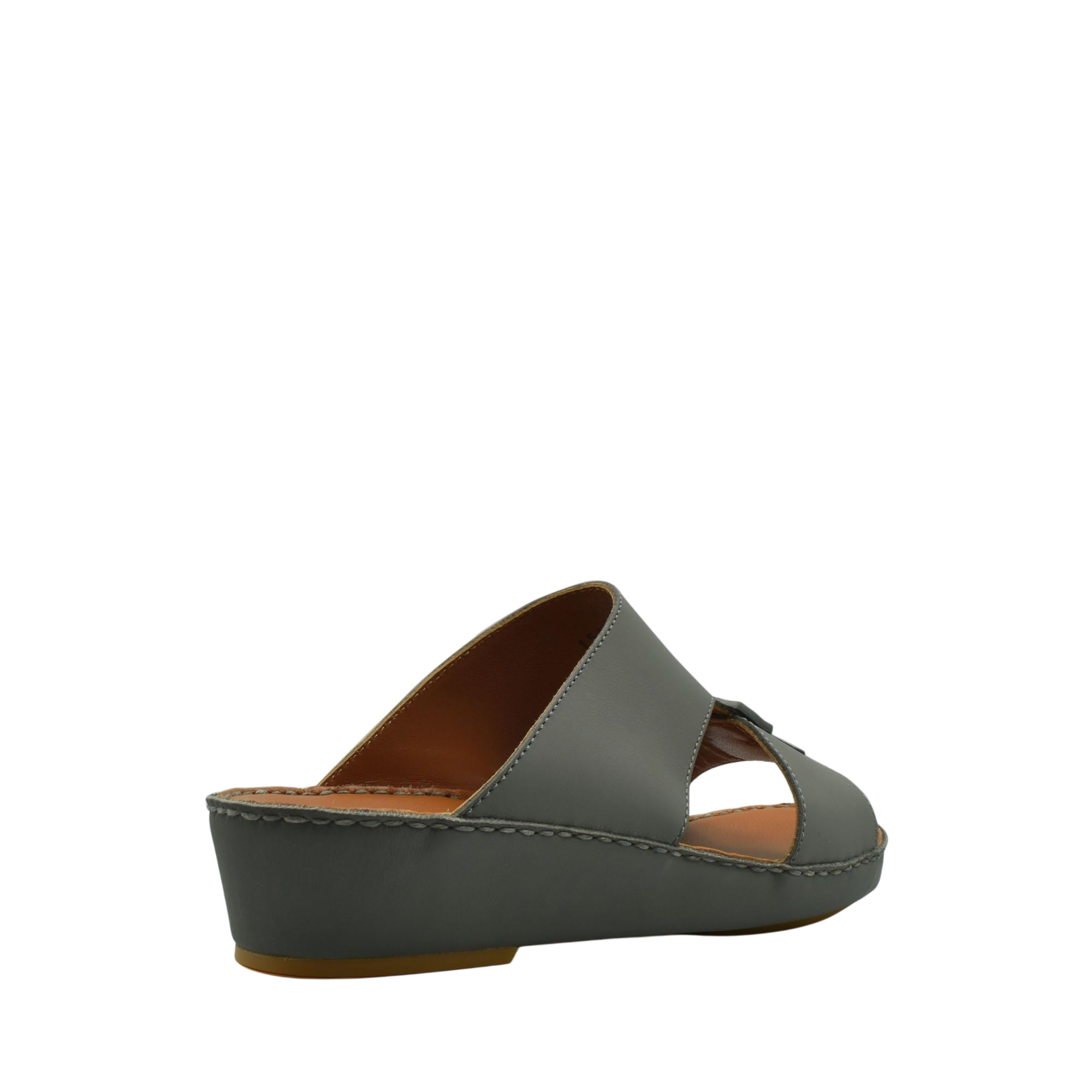 Gray Italian leather sandals with wedge heel and open toe design from private collection