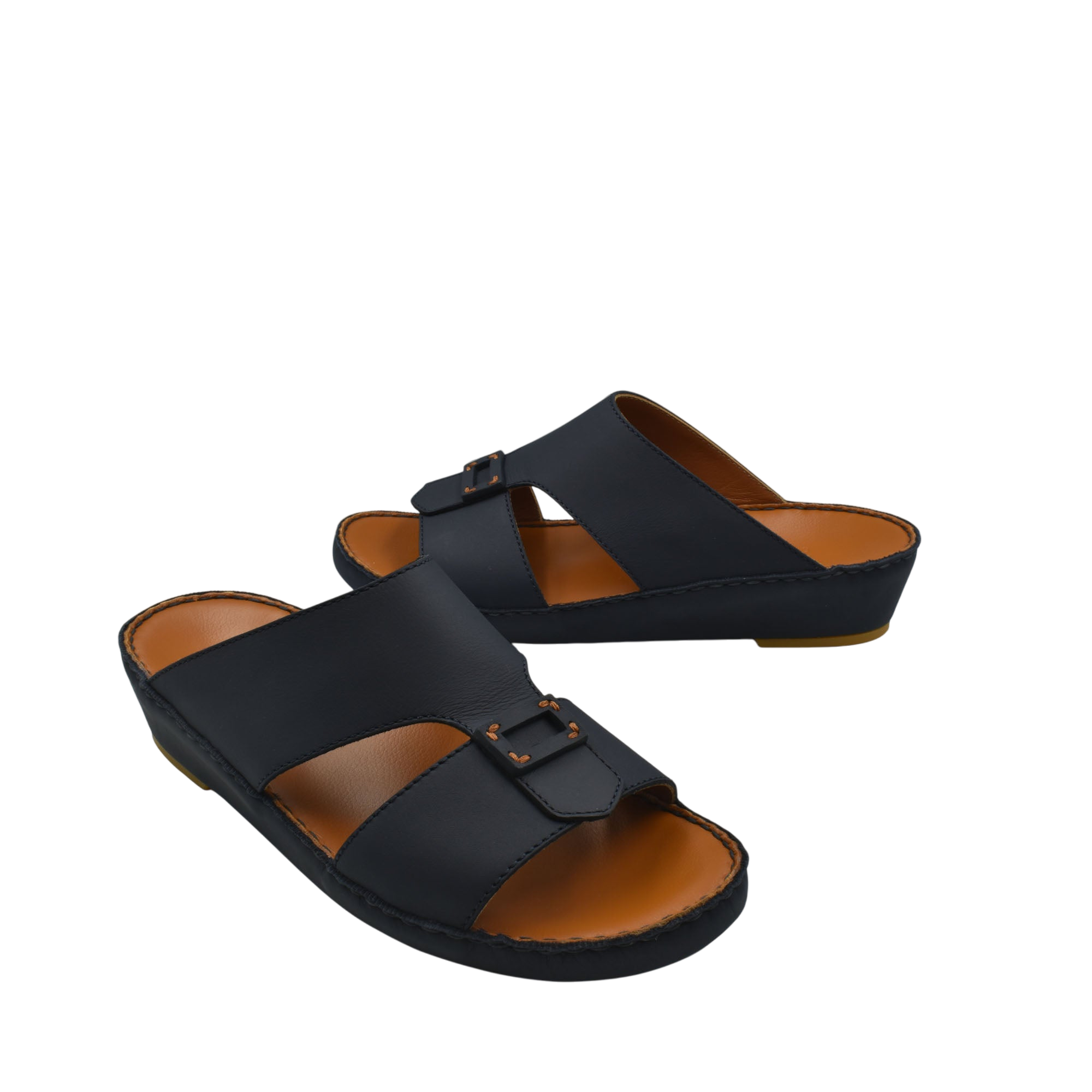 Black Italian leather sandals with buckle detail and comfortable cushioned sole