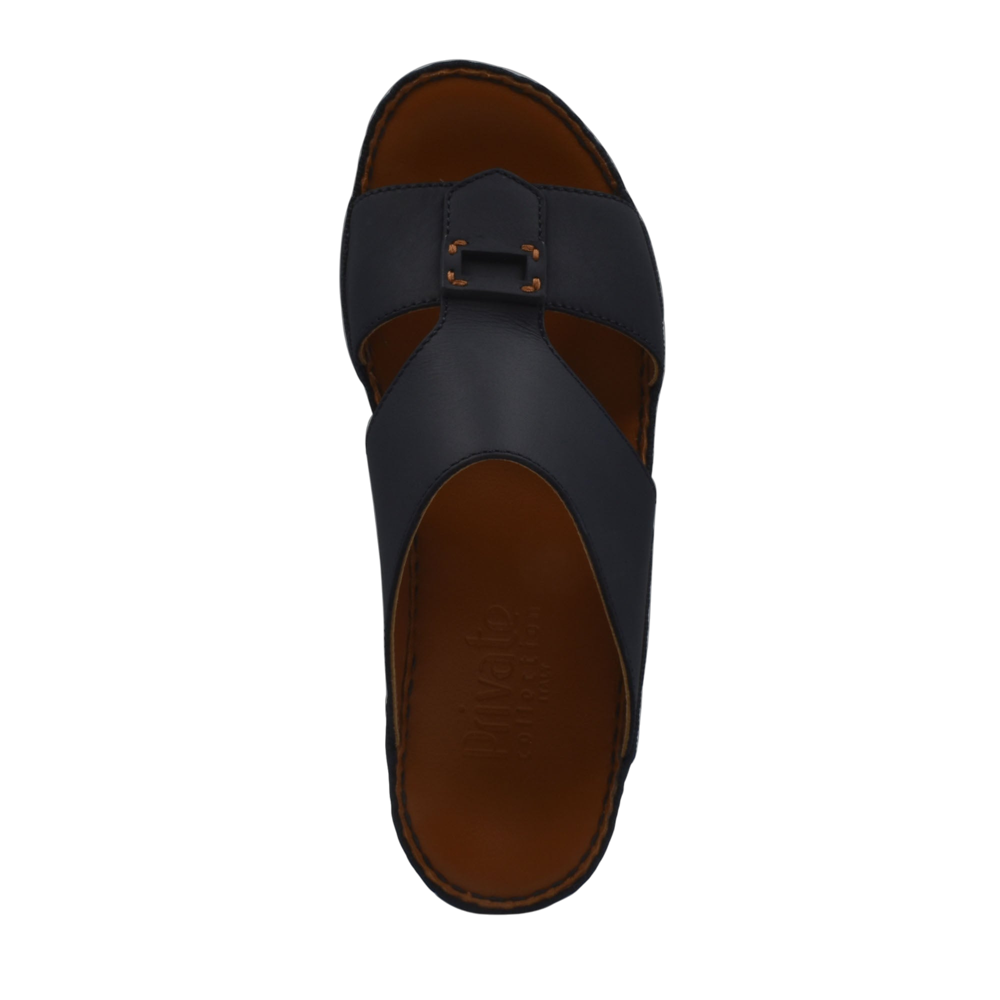 Black Italian leather sandals with buckle detail and brown cushioned footbed in a top view