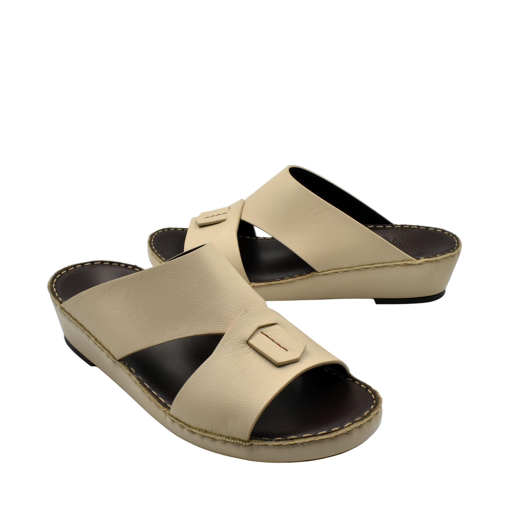 Beige Italian nappa sandals with crisscross straps and low wedge heel from private collection