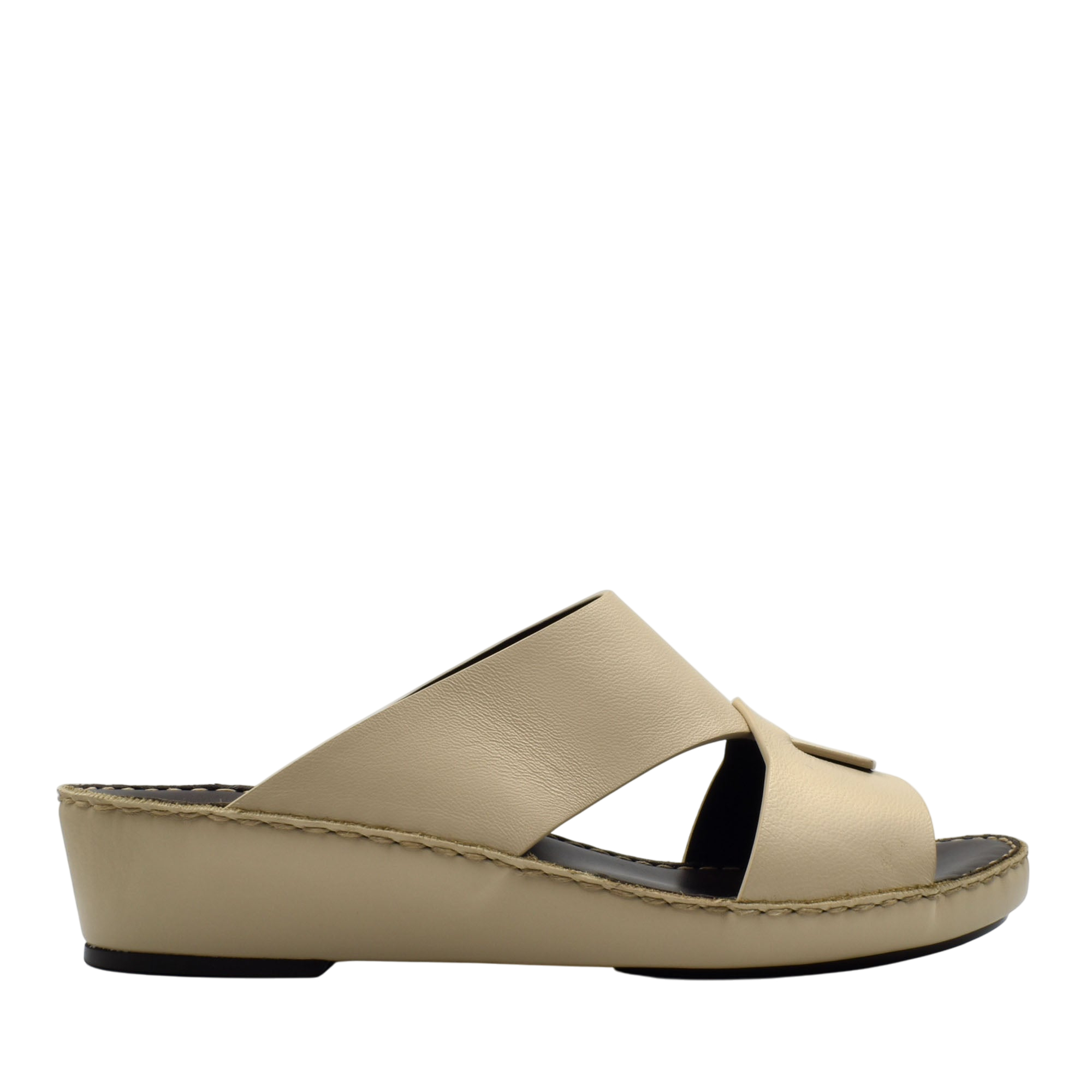 Beige Italian nappa sandals with wedge sole and open toe design in soft leather