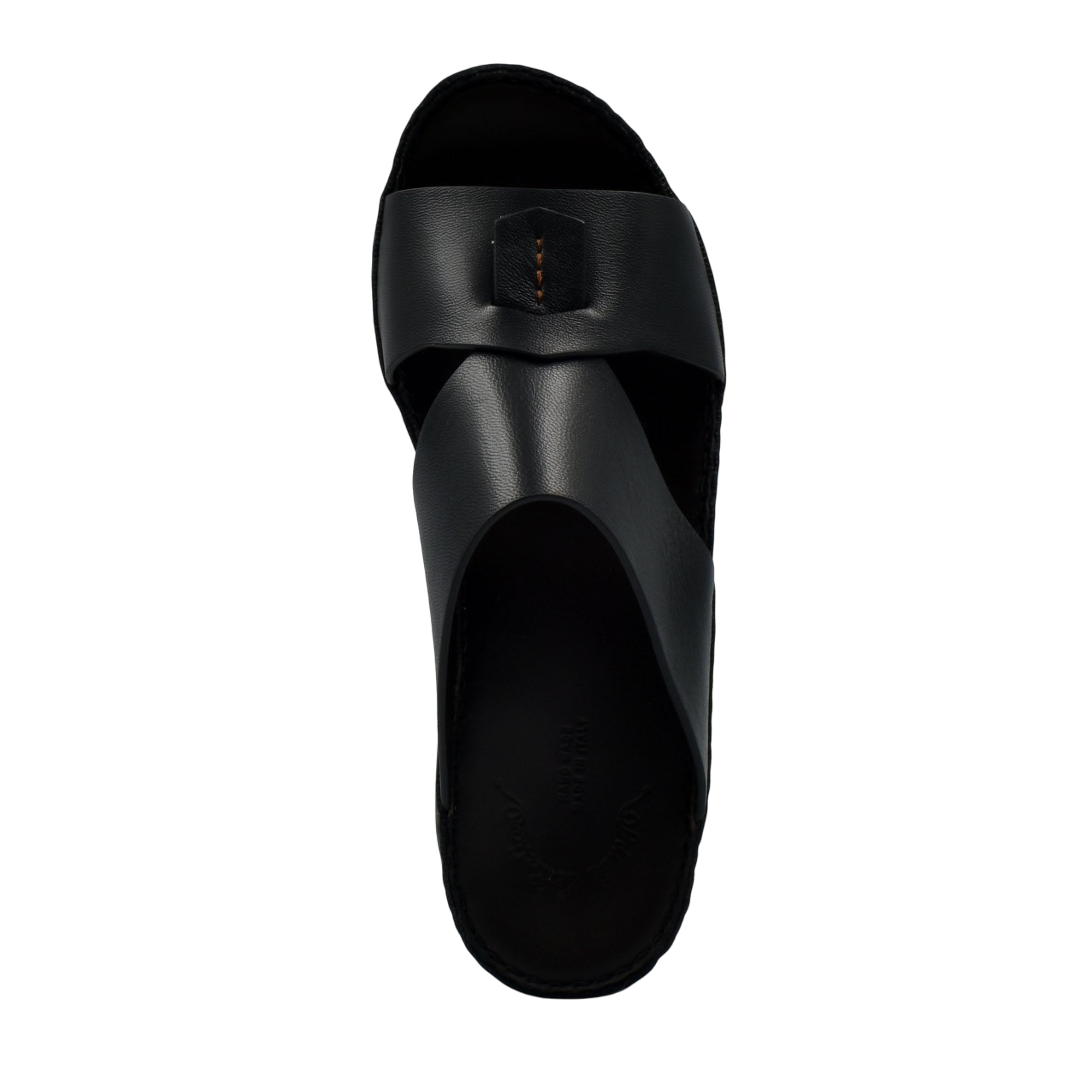 Black leather Italian nappa sandals with wide crisscross straps and cushioned sole