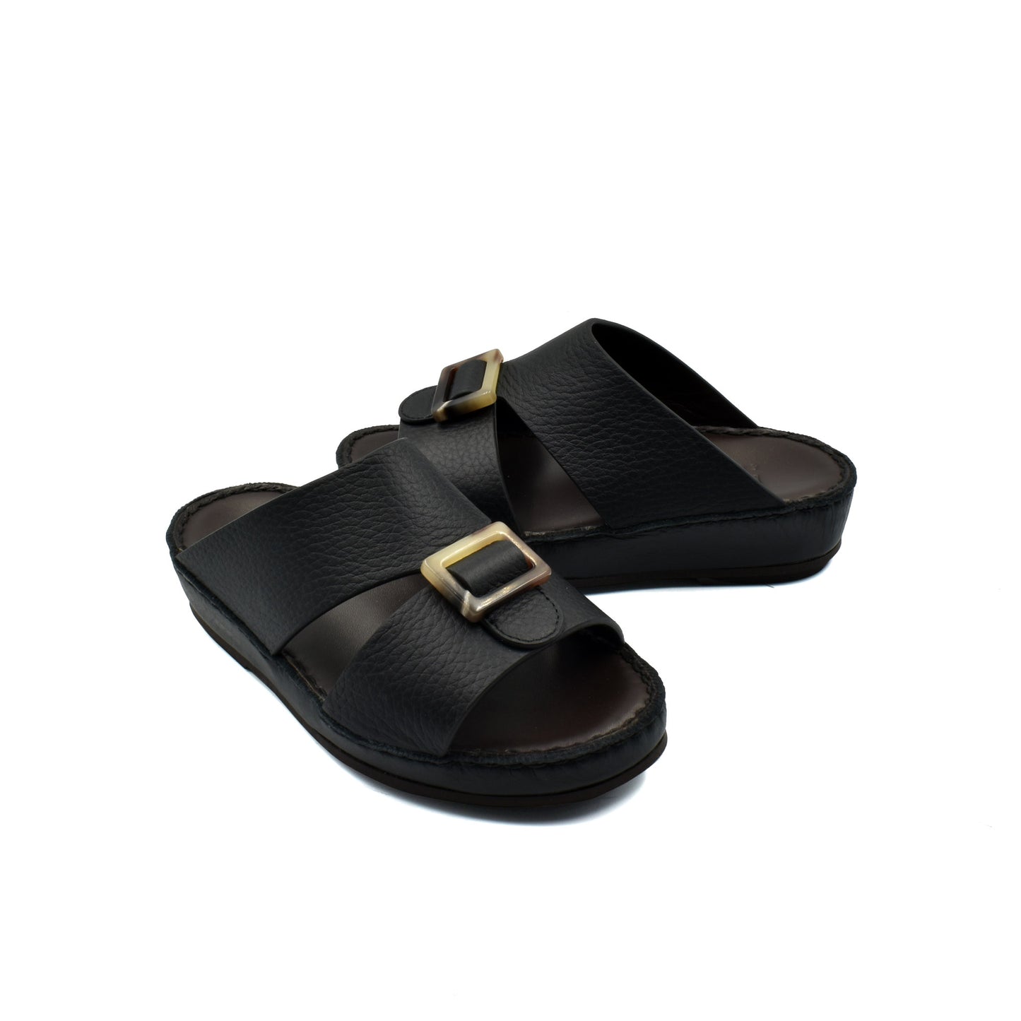 Black kids leather sandals with adjustable buckle straps and cushioned soles for comfort