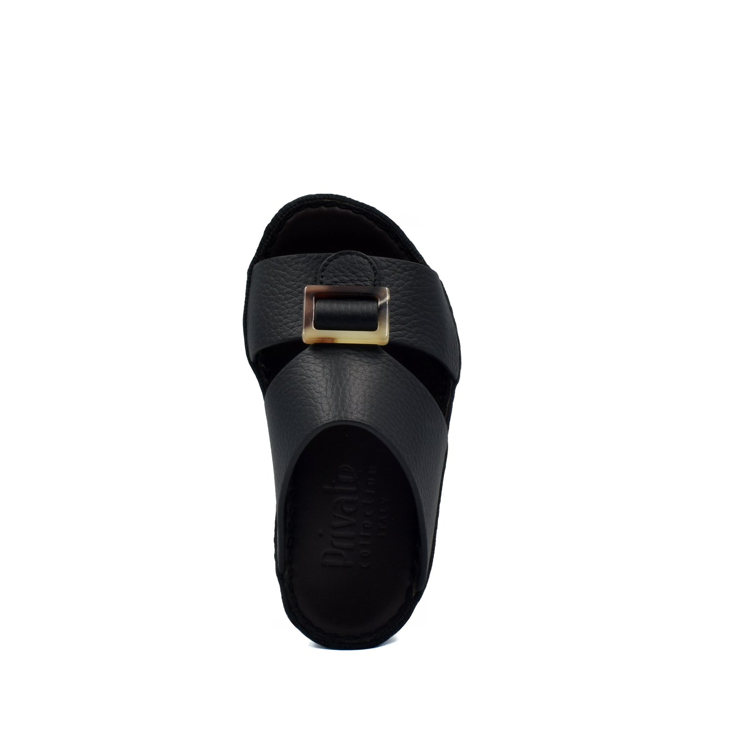 Black kids leather sandals with a gold buckle and textured strap from Private Collection