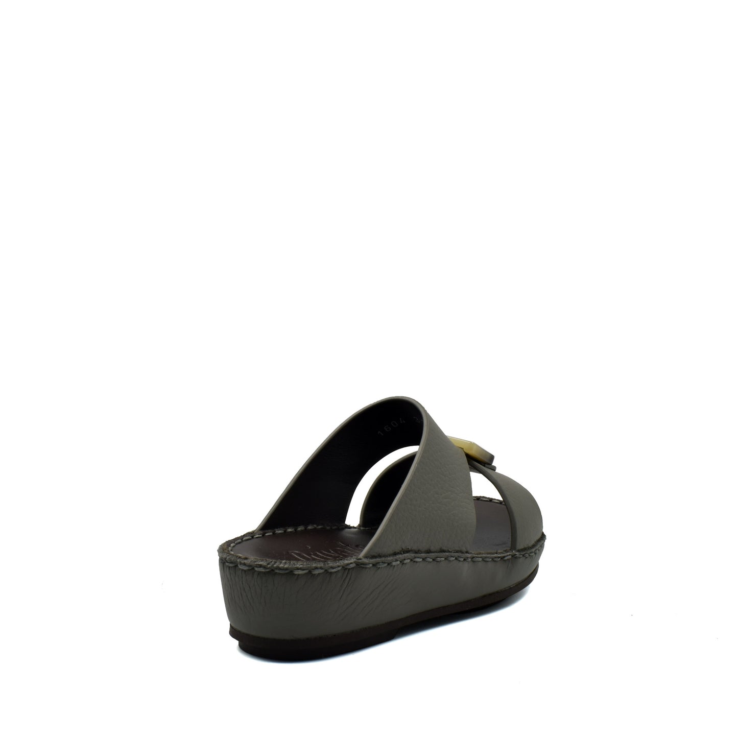 Back view of grey kids leather sandals with thick sole and open heel design