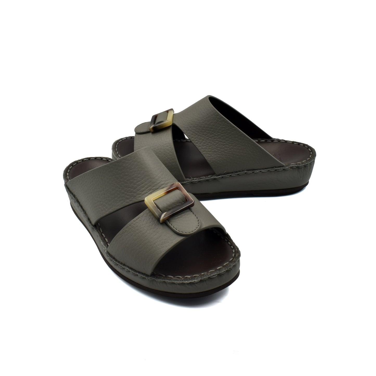 Olive green kids leather sandals with adjustable buckle straps and cushioned soles
