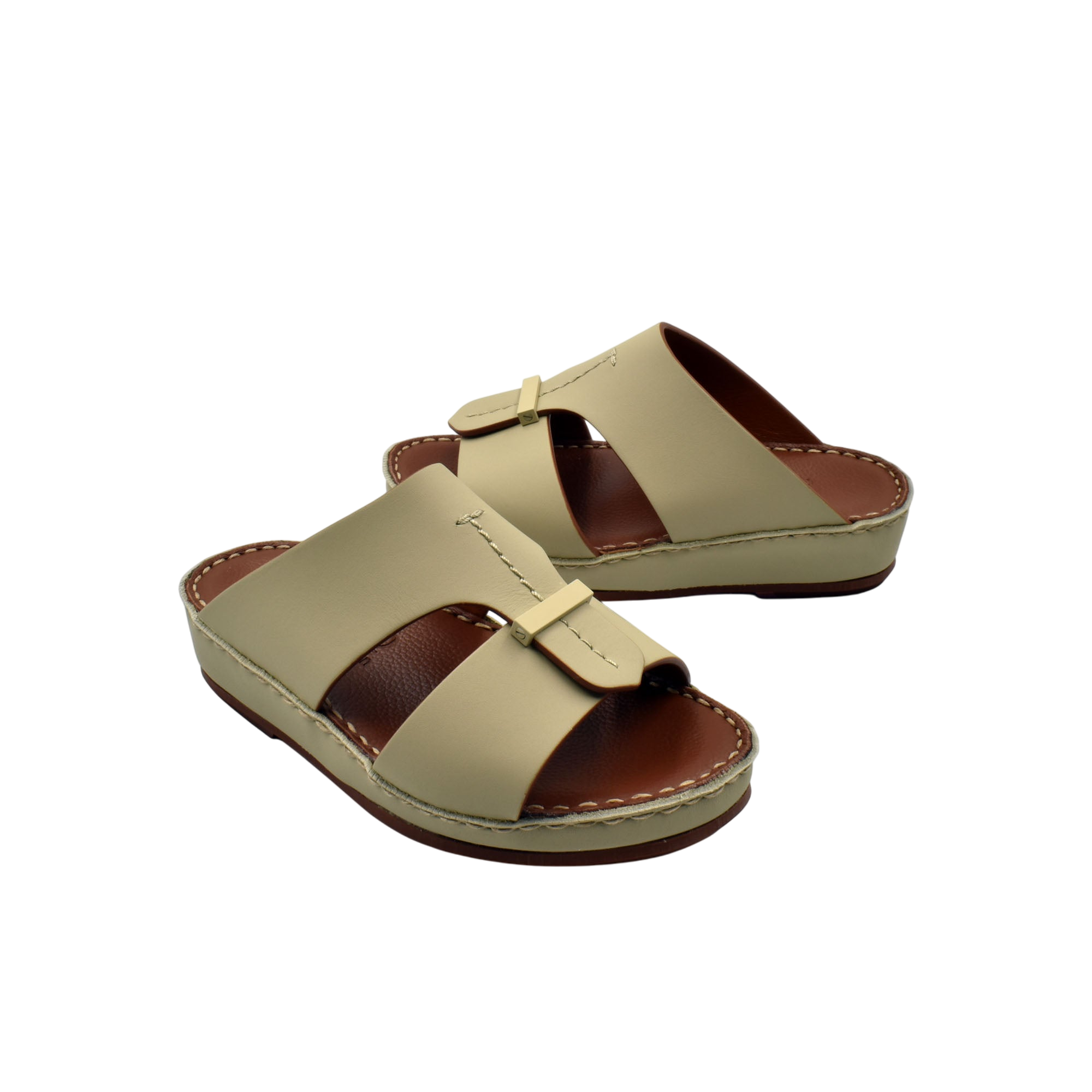 Beige kids rubber calf sandals with adjustable straps and cushioned brown footbed for comfortable wear