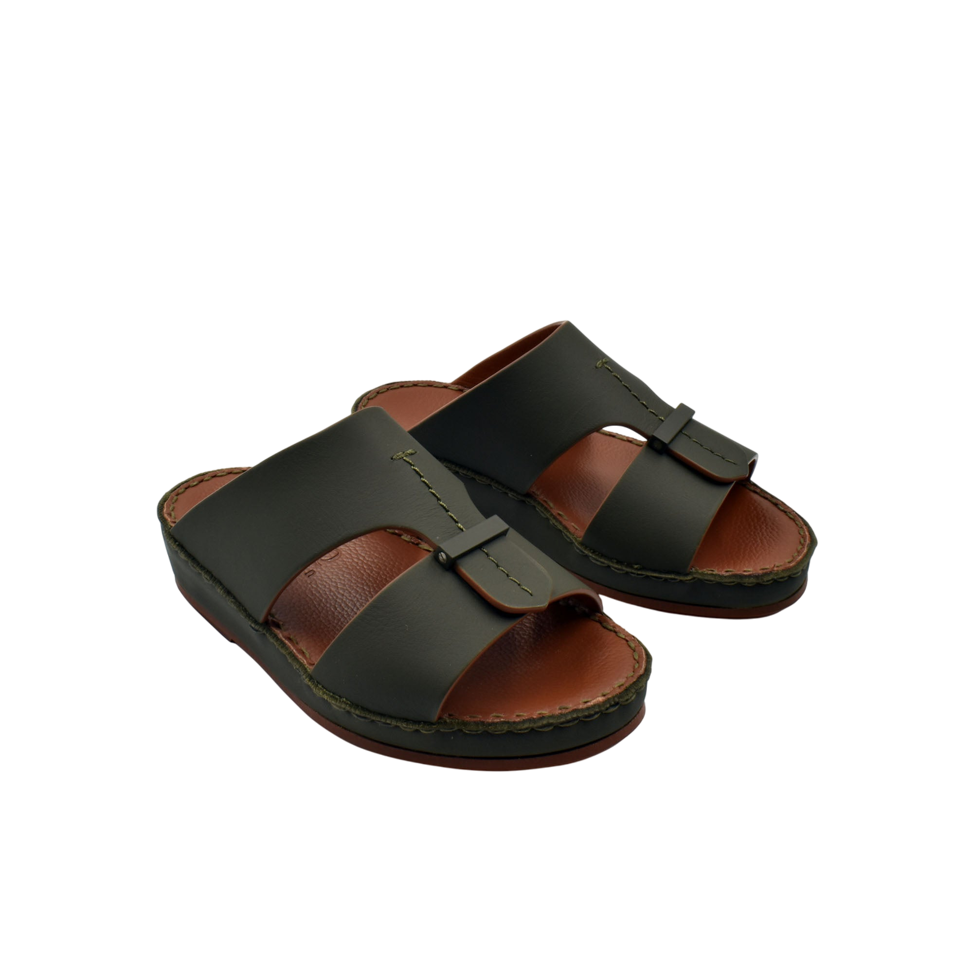 Kids rubber calf sandals in dark green with brown cushioned footbed and open toe design