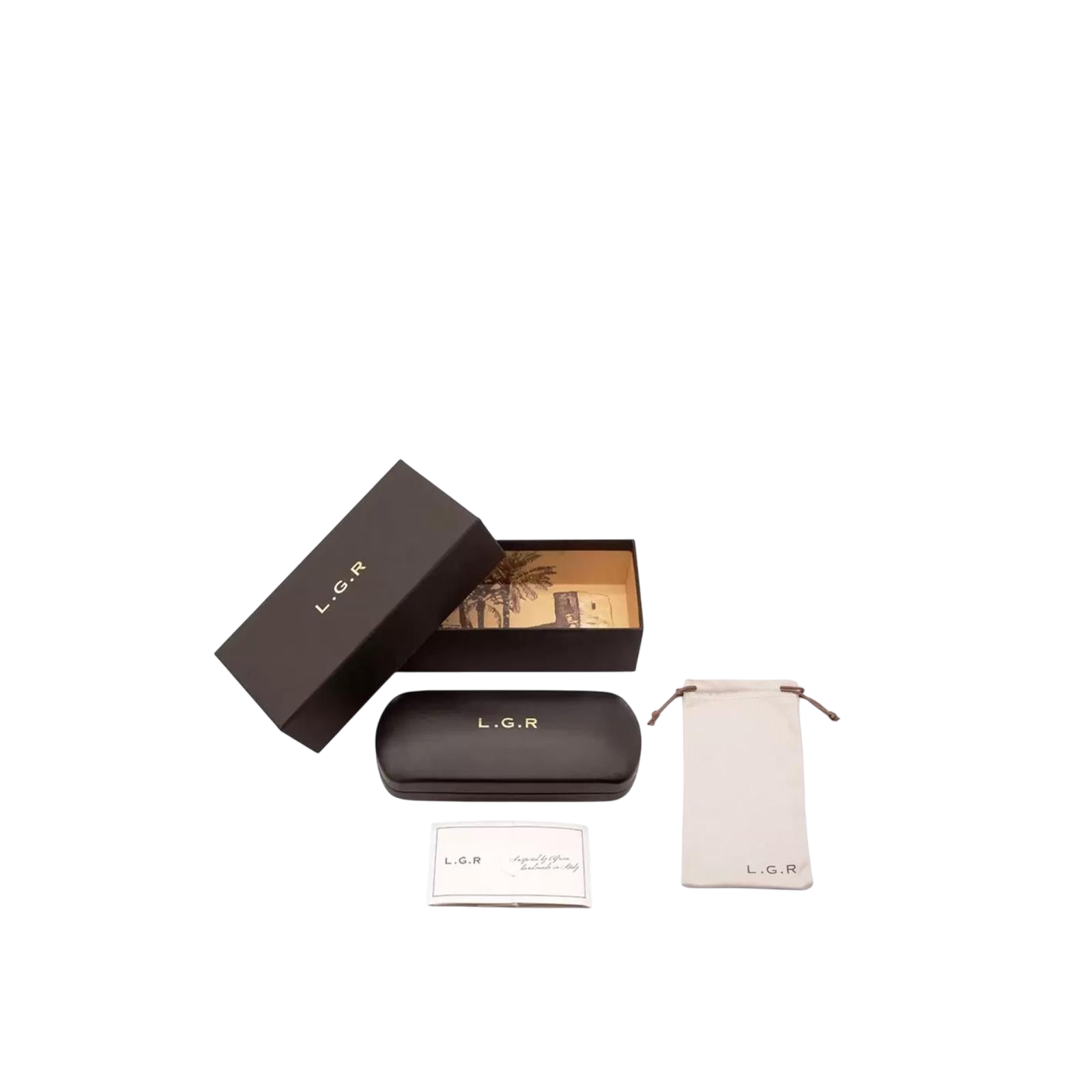 Luxury black round sunglasses packaging set with black box, hard case, soft pouch, and documentation