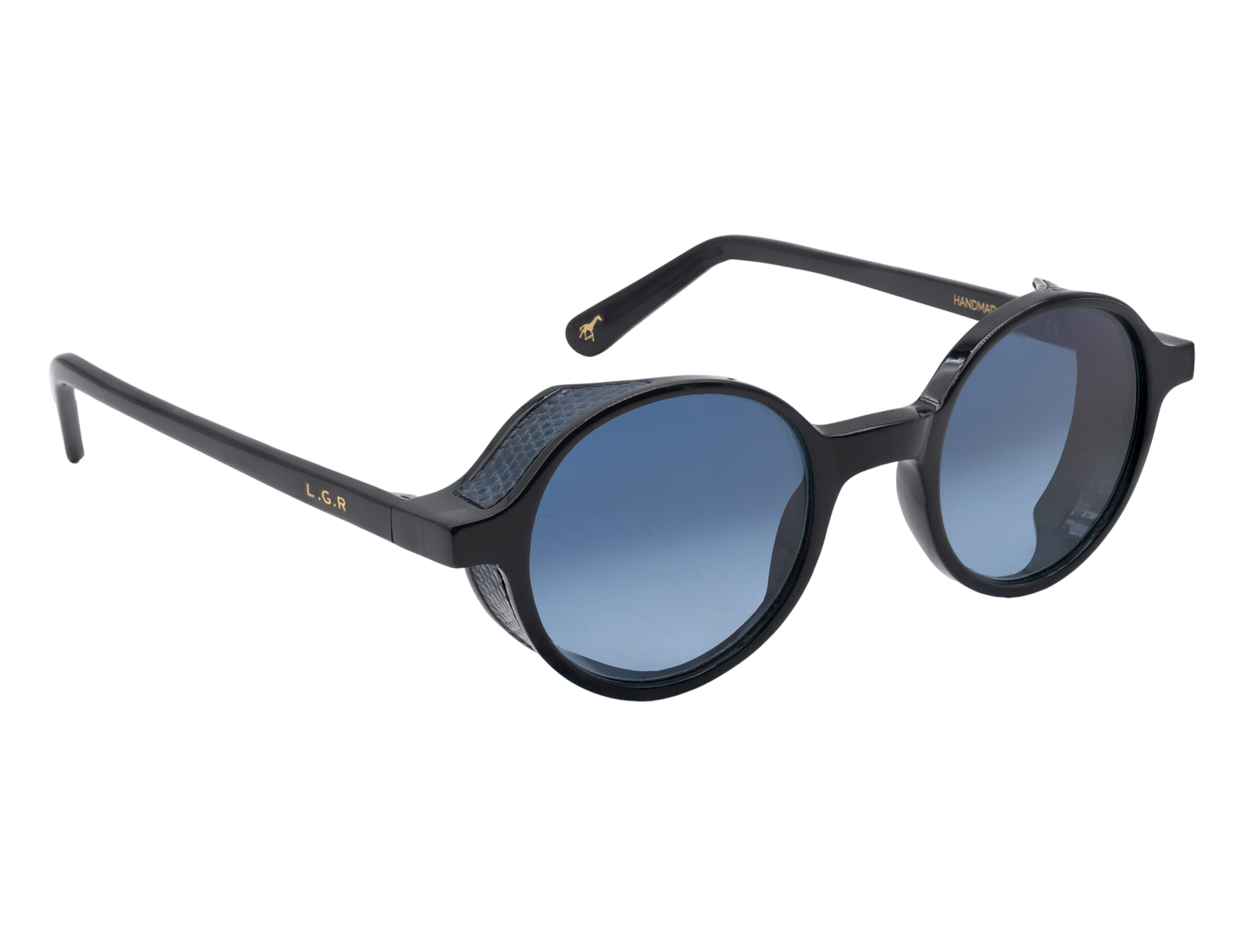 Black round sunglasses with blue tinted lenses from a luxury eyewear collection