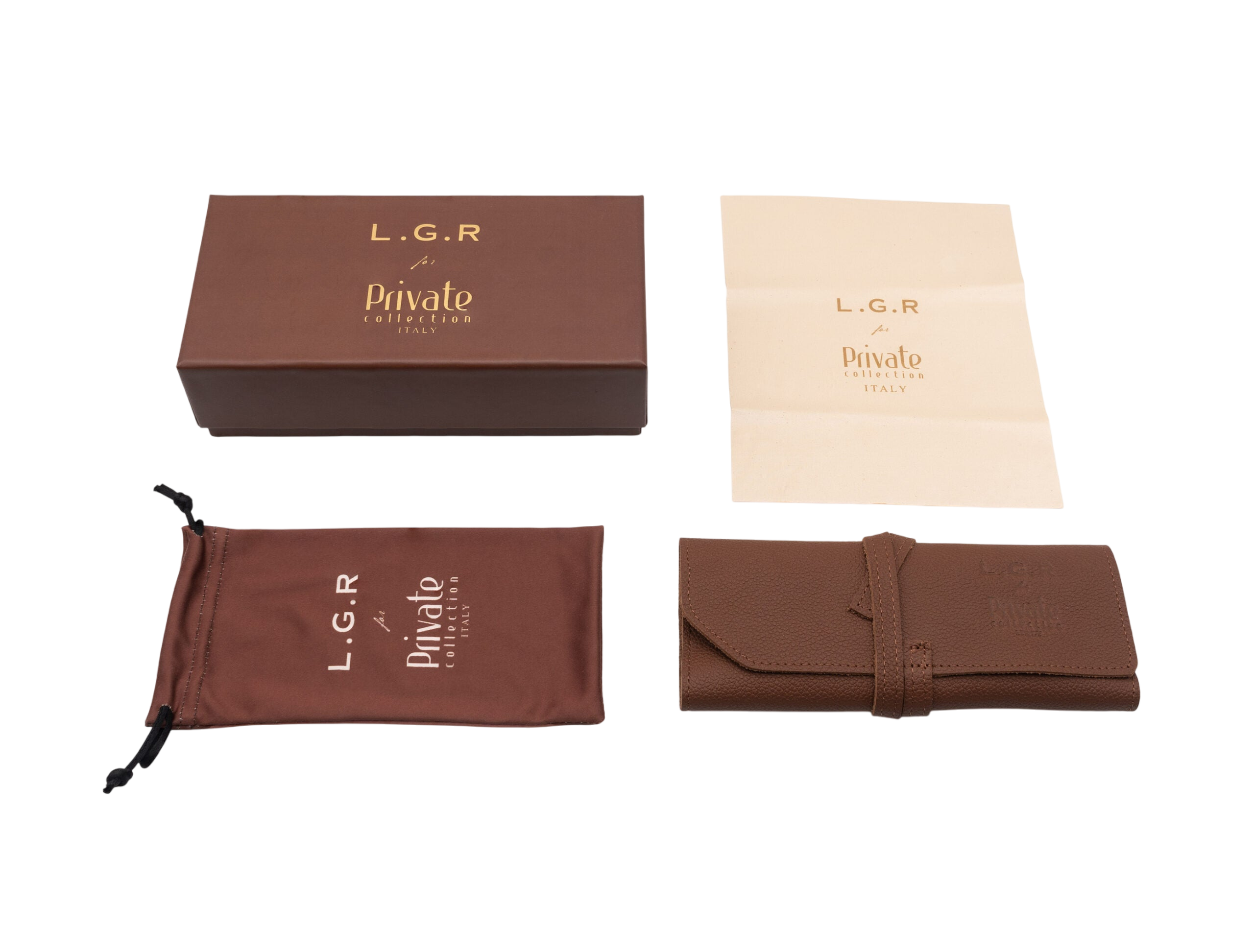 Luxury eyewear collection packaging set including brown box, cleaning cloth, soft pouch, and leather case