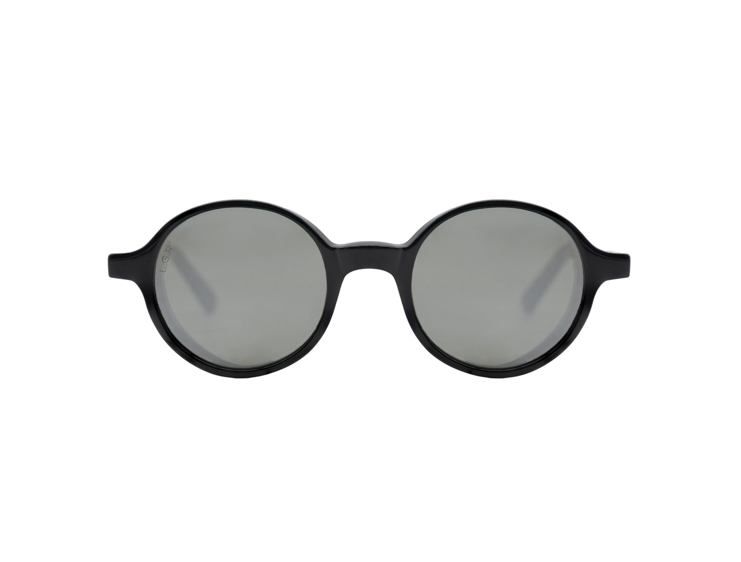 Round frame luxury sunglasses with black frames and gray lenses on white background
