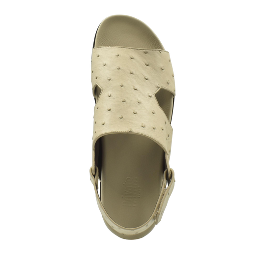 Top view of beige open-toe Luxury Amorti Sangle Footwear sandal with textured upper and adjustable strap