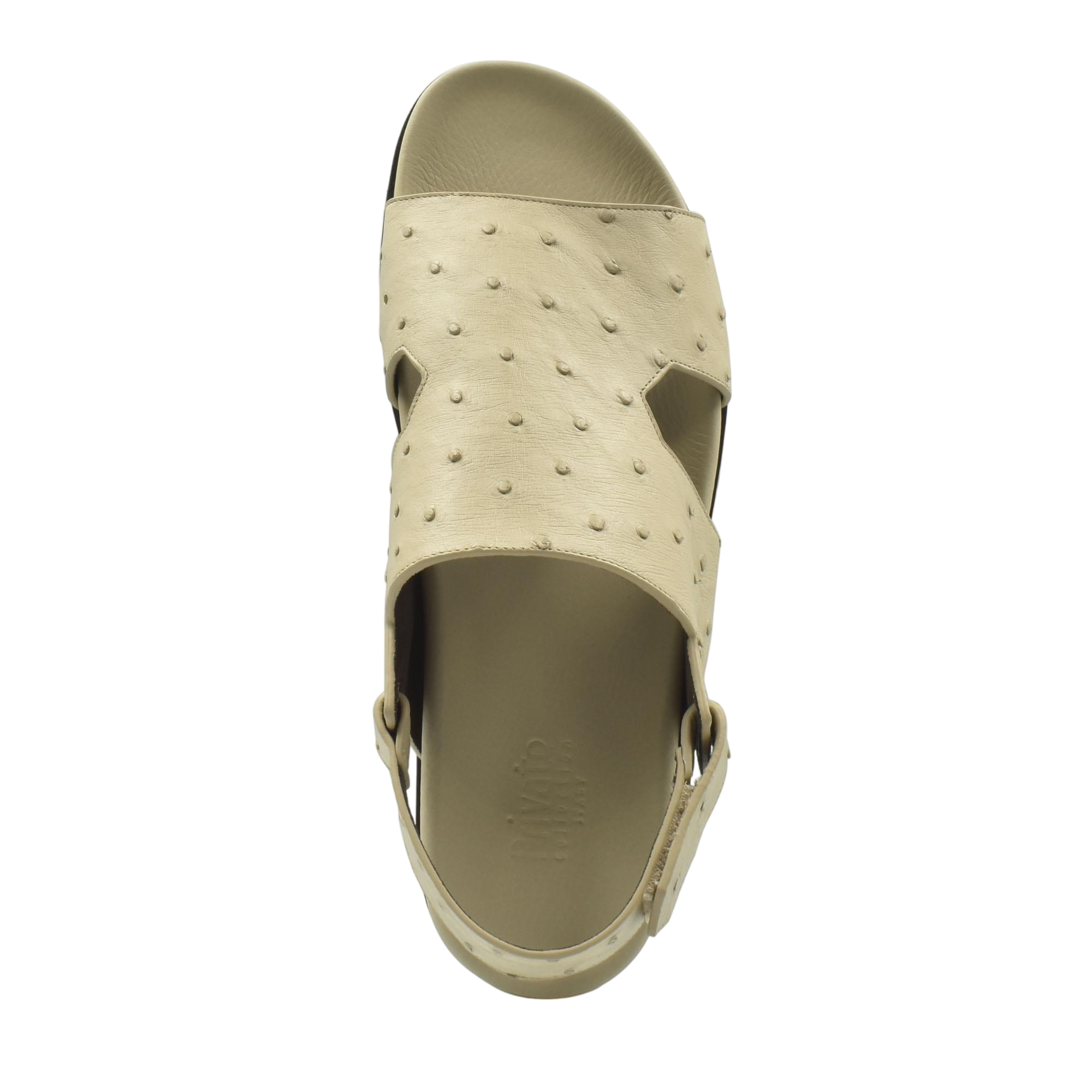 Top view of beige open-toe Luxury Amorti Sangle Footwear sandal with textured upper and adjustable strap