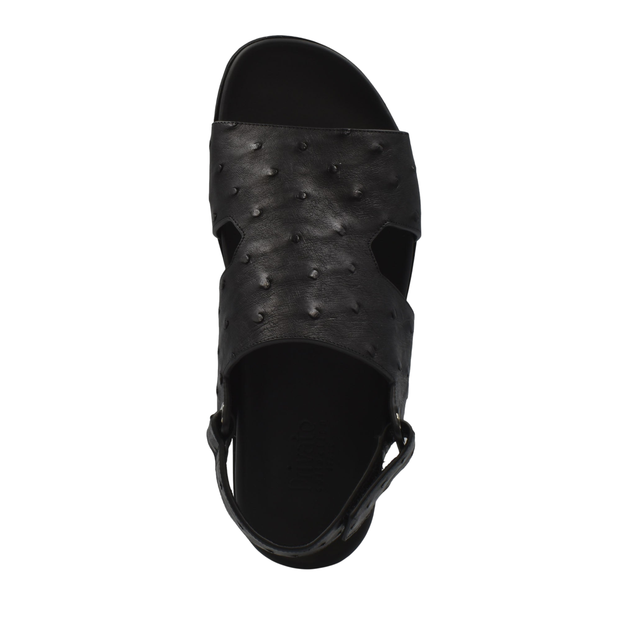 Top view of black Luxury Amorti Sangle Footwear sandal with textured leather strap and adjustable back strap