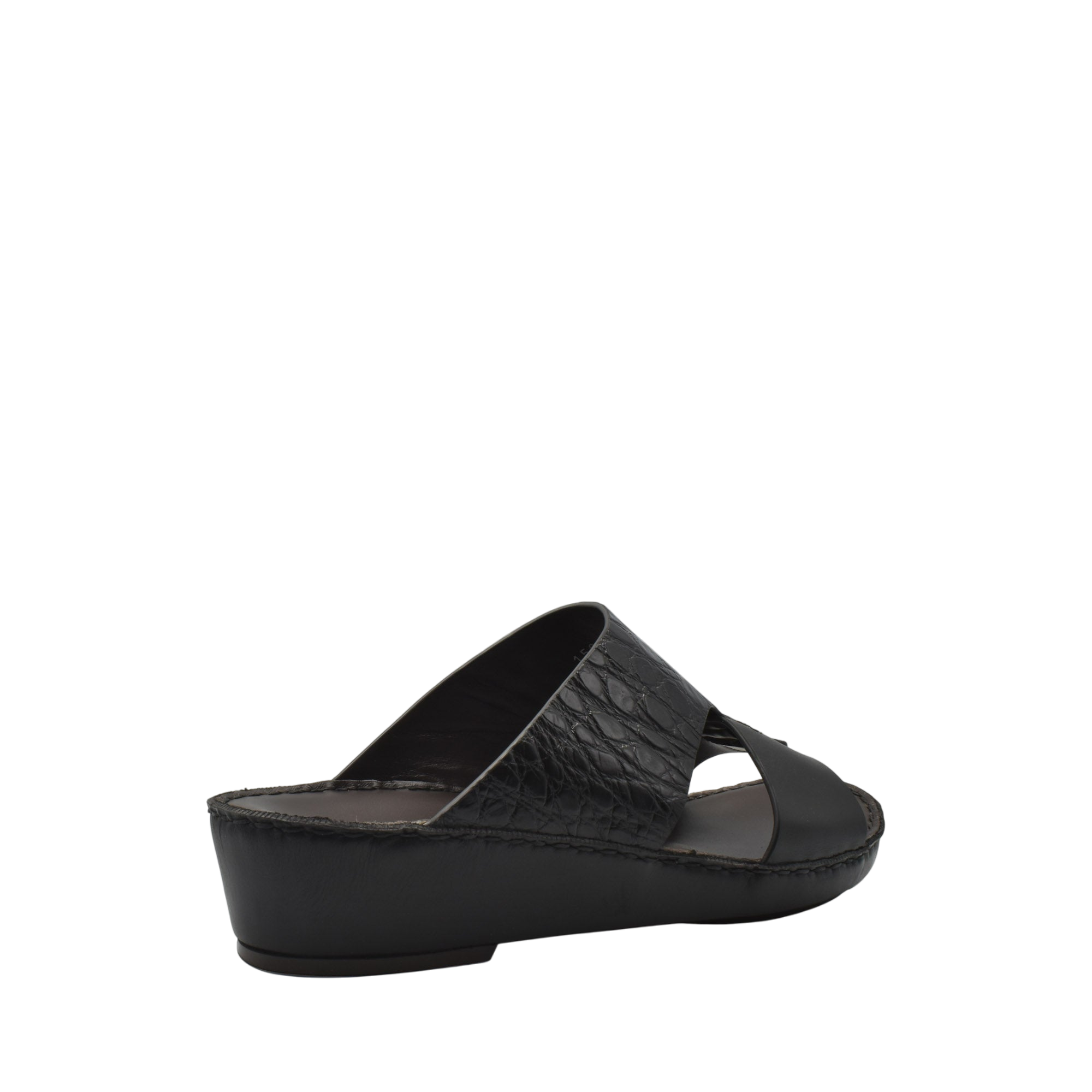 Black luxury croco leather sandals with wedge heel and crisscross strap design