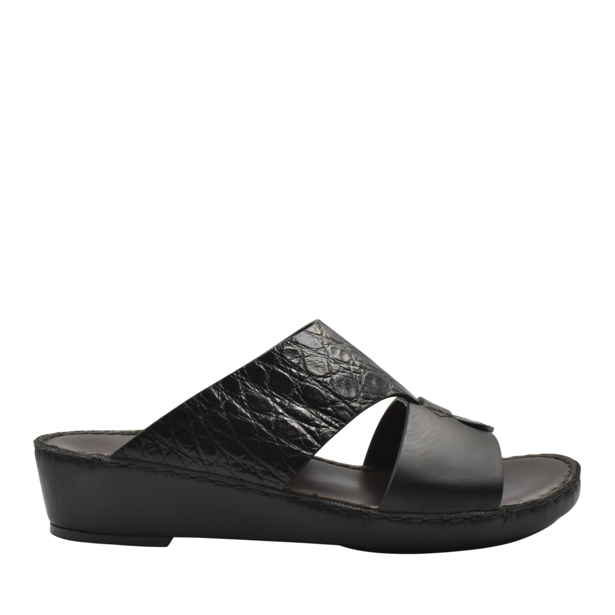 Private Collection black luxury croco leather sandals with open toe and low wedge heel