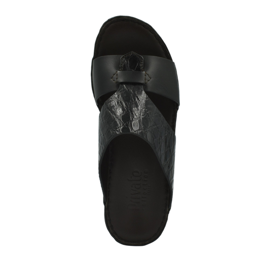 Private Collection luxury croco leather sandals in black with textured croc pattern and open toe design