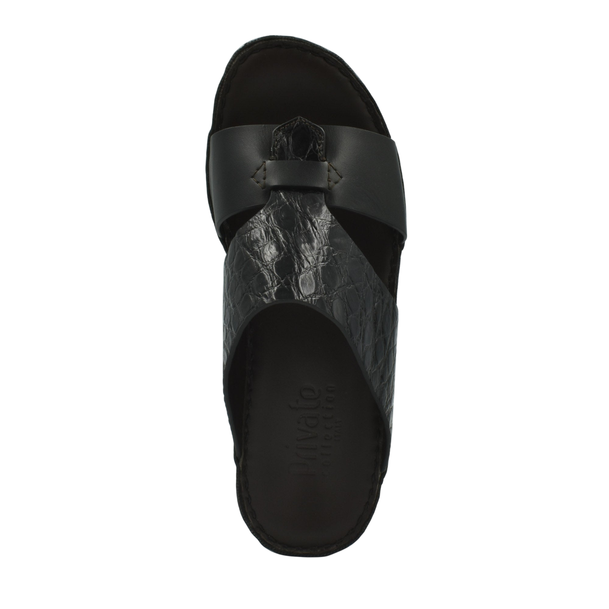 Private Collection luxury croco leather sandals in black with textured croc pattern and open toe design