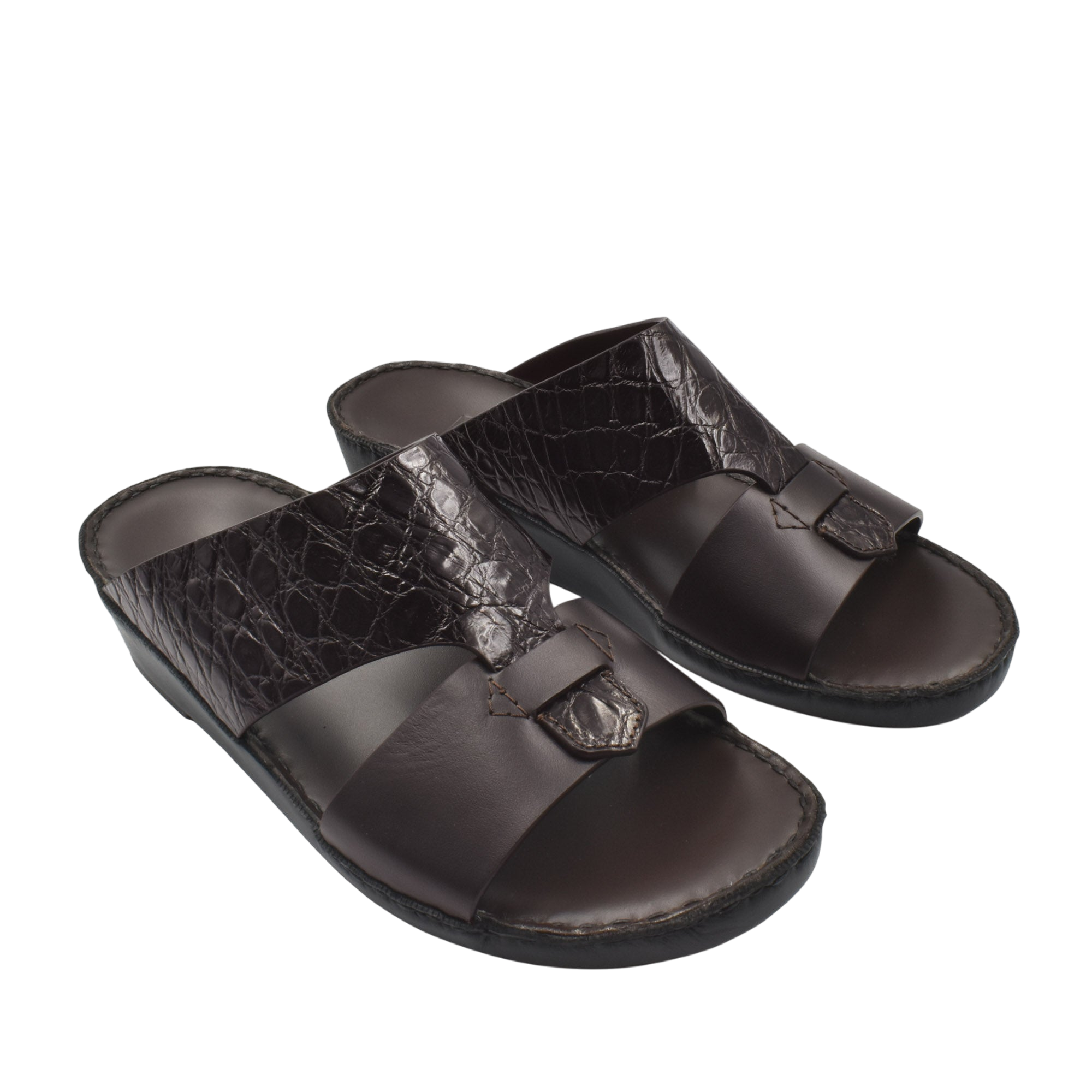 Private Collection luxury croco leather sandals in dark brown with textured crocodile pattern and cushioned sole