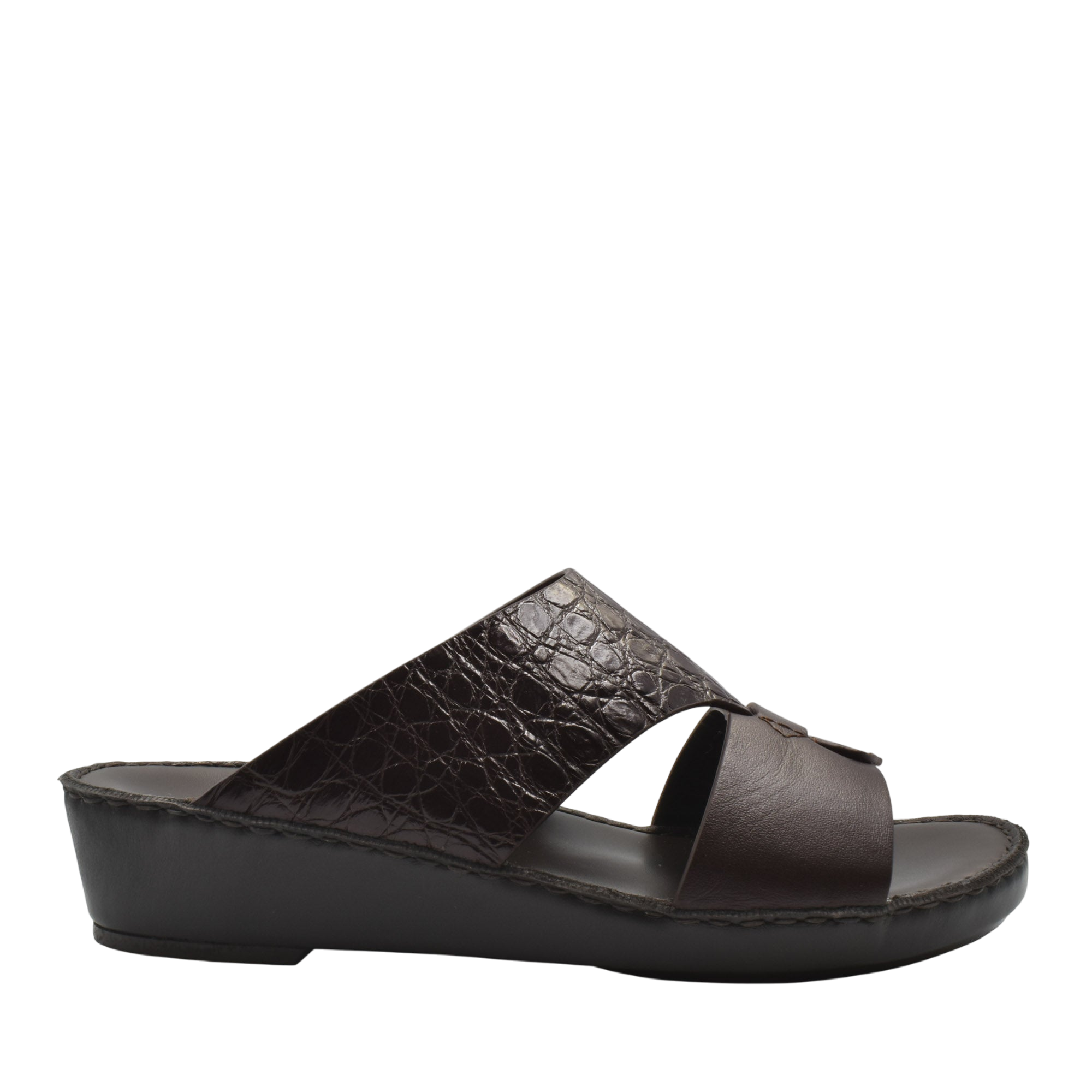 Private Collection luxury croco leather sandals in dark brown with wedge sole and open toe design
