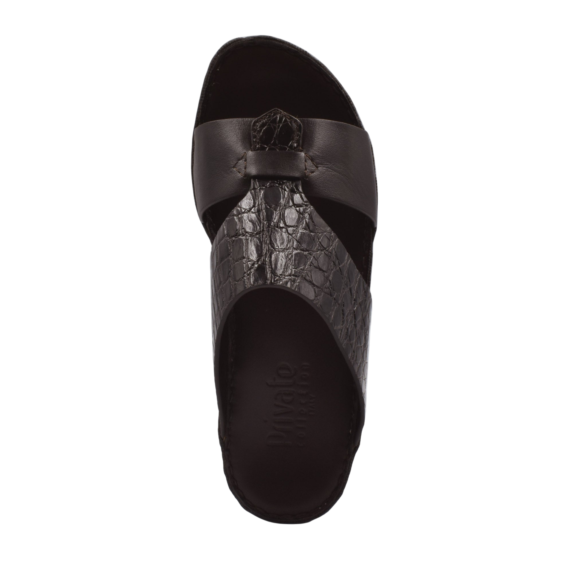 Top view of luxury croco leather sandals in black with textured crocodile pattern and smooth straps