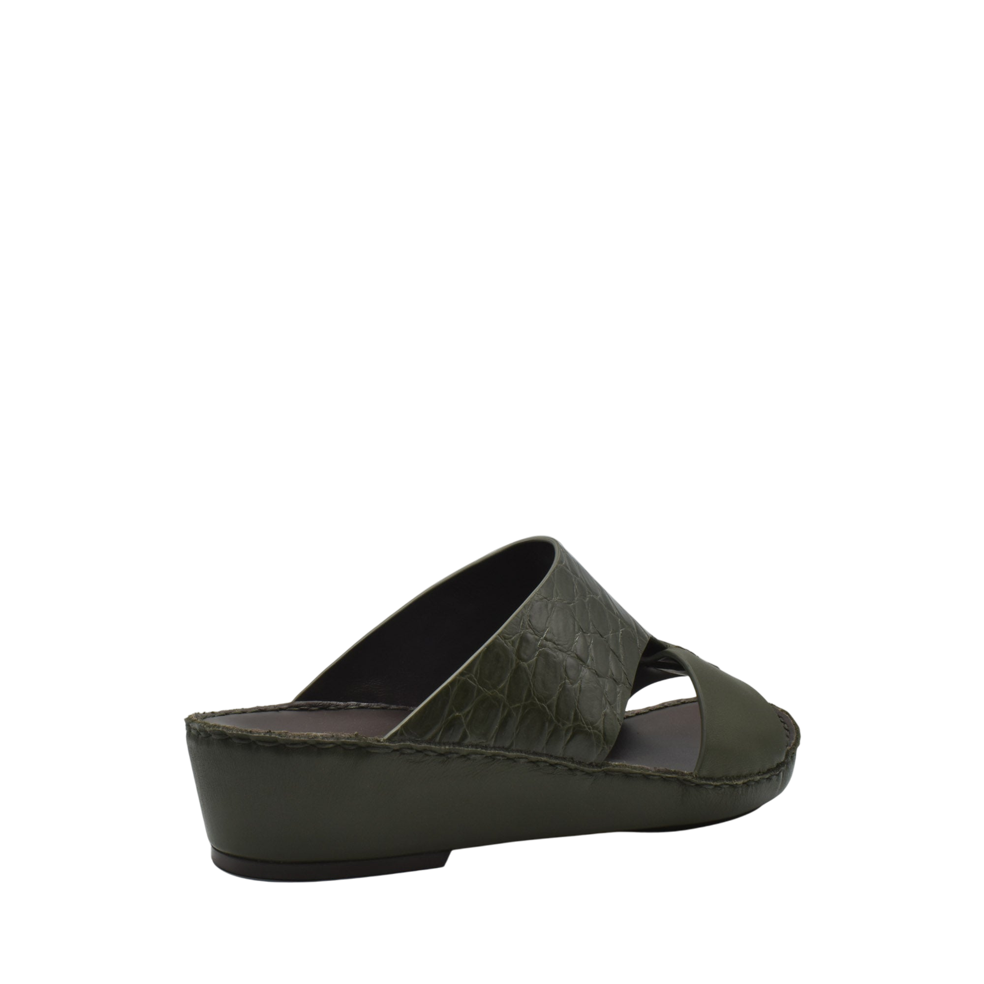 Private Collection luxury croco leather sandals in olive green with wedge heel and cross straps